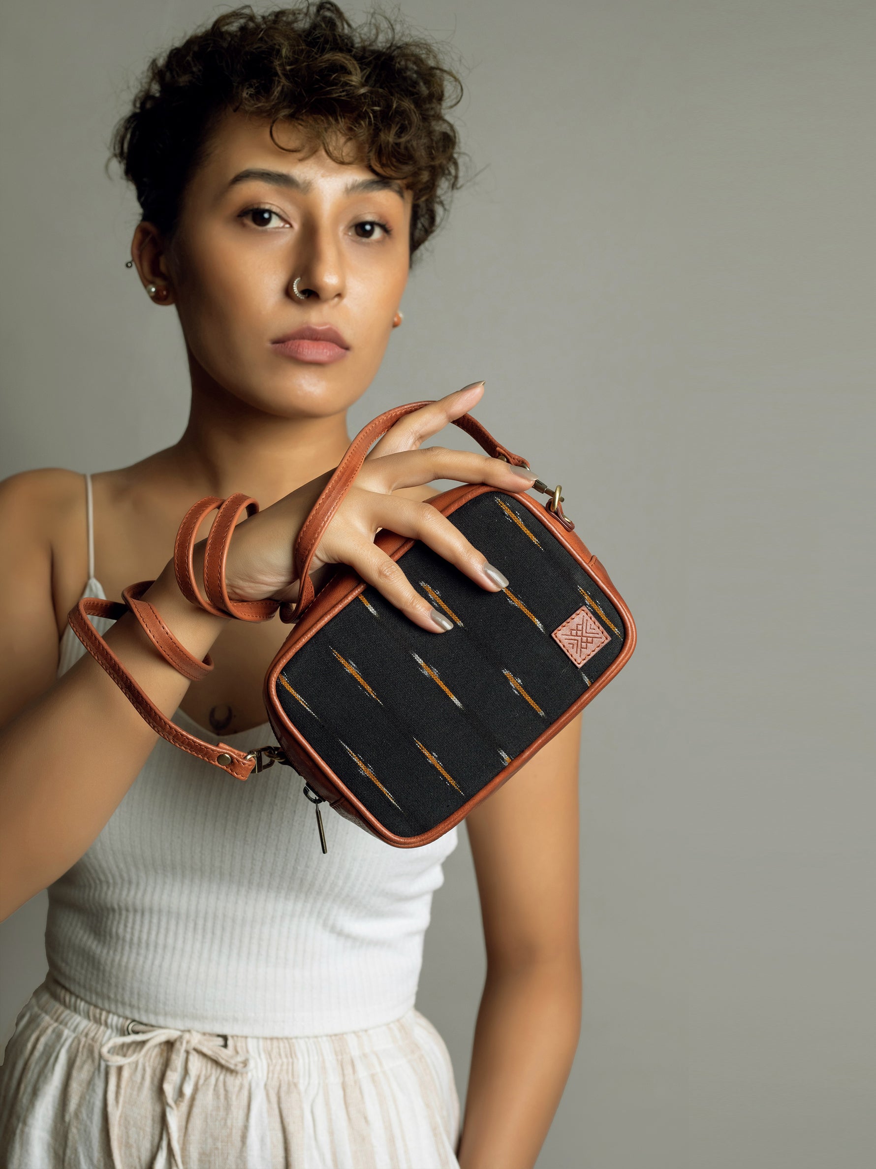 Handcrafted Premium Genuine Vegetable Tanned Leather & Ikat Black & Yellow Mini Box Sling Bag for Women Tan & Loom