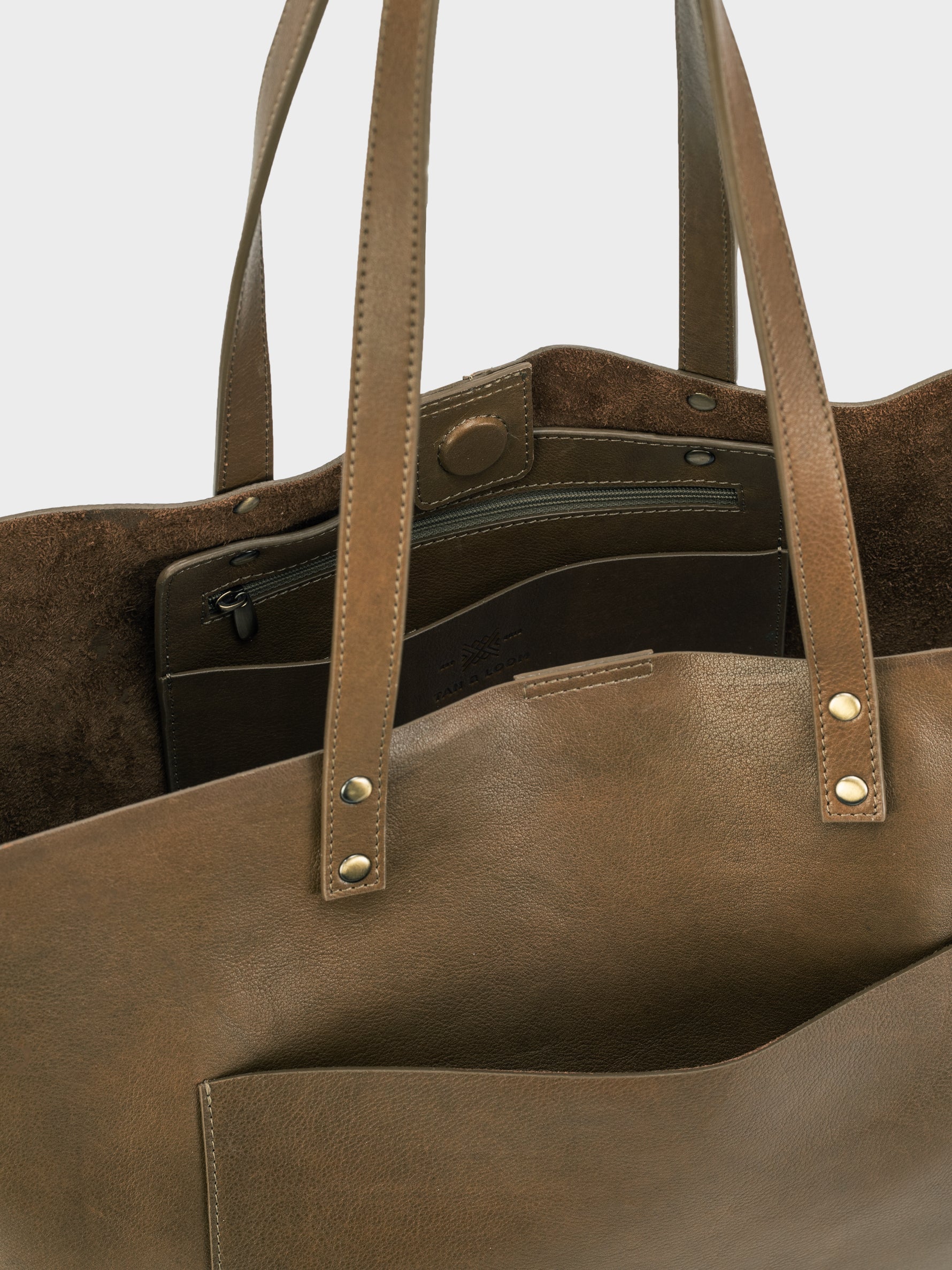 Handcrafted Genuine Vegetable Tanned Leather Old Fashioned Tote Large Olive Green for Women Tan & Loom