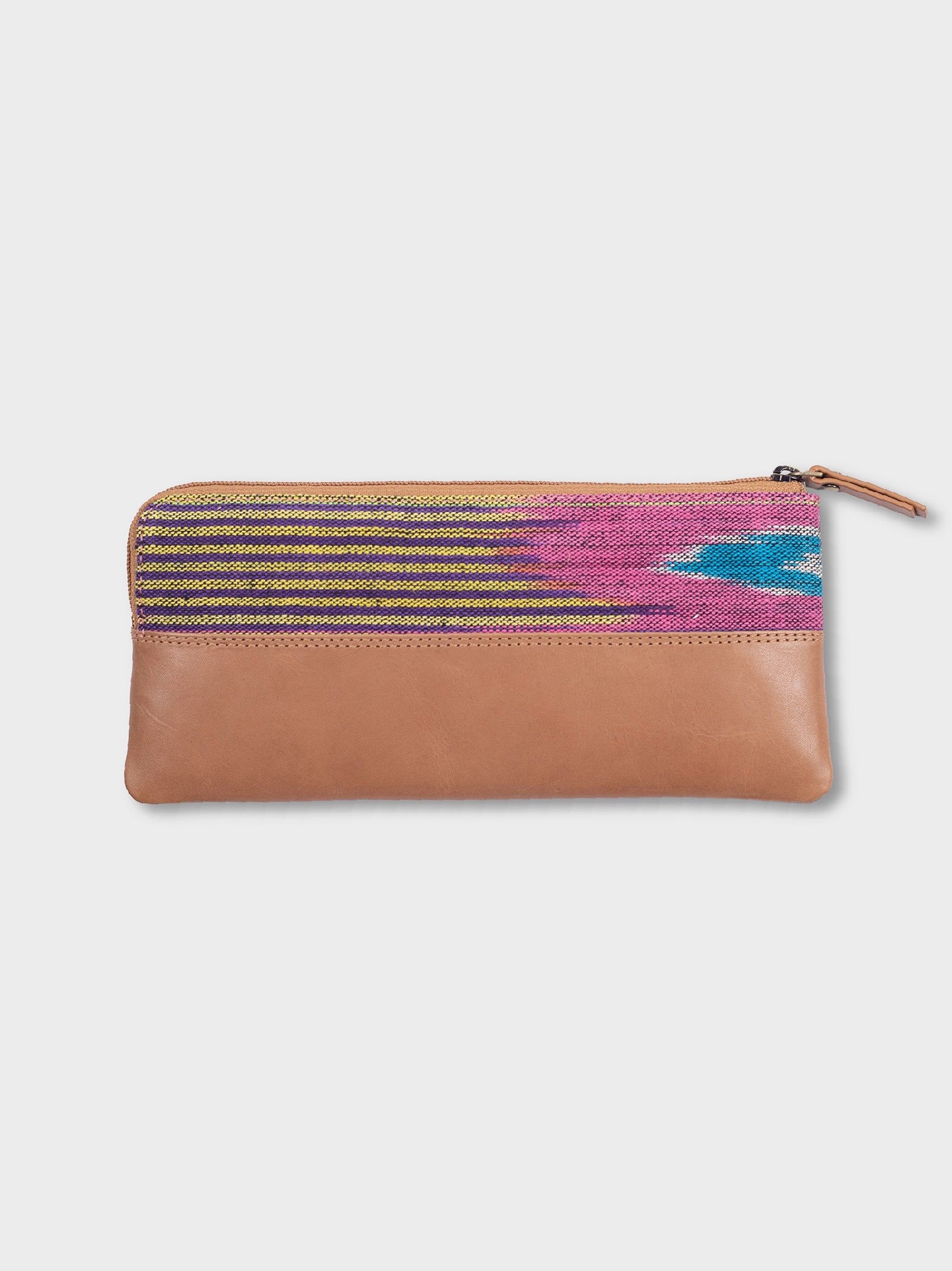 Handcrafted Genuine Leather & Colourfull Ikat Market Women's Pencil Pouch Tan & Loom