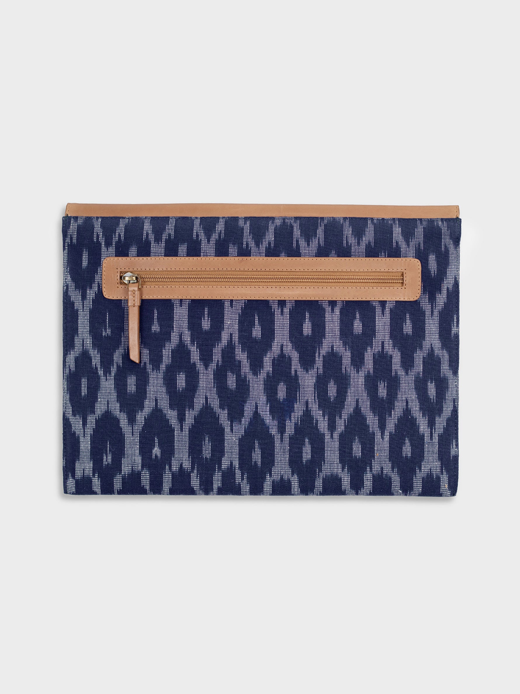 Handcrafted Premium Genuine Vegetable Tanned Leather & Ikat Navy Blue Envelope Laptop Sleeve for Women Tan & Loom