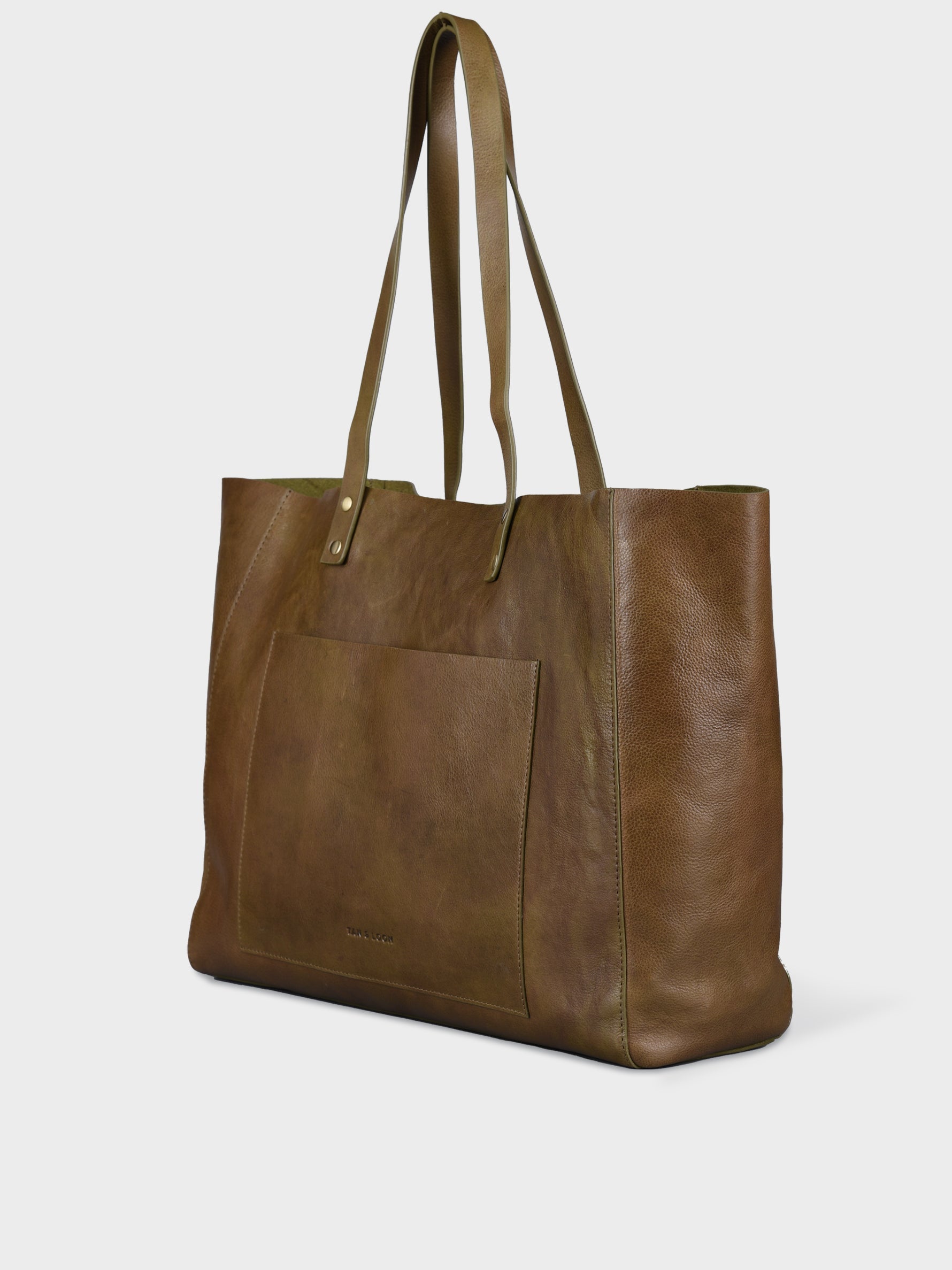 Handcrafted Genuine Vegetable Tanned Leather Old Fashioned Tote Large Olive Green for Women Tan & Loom