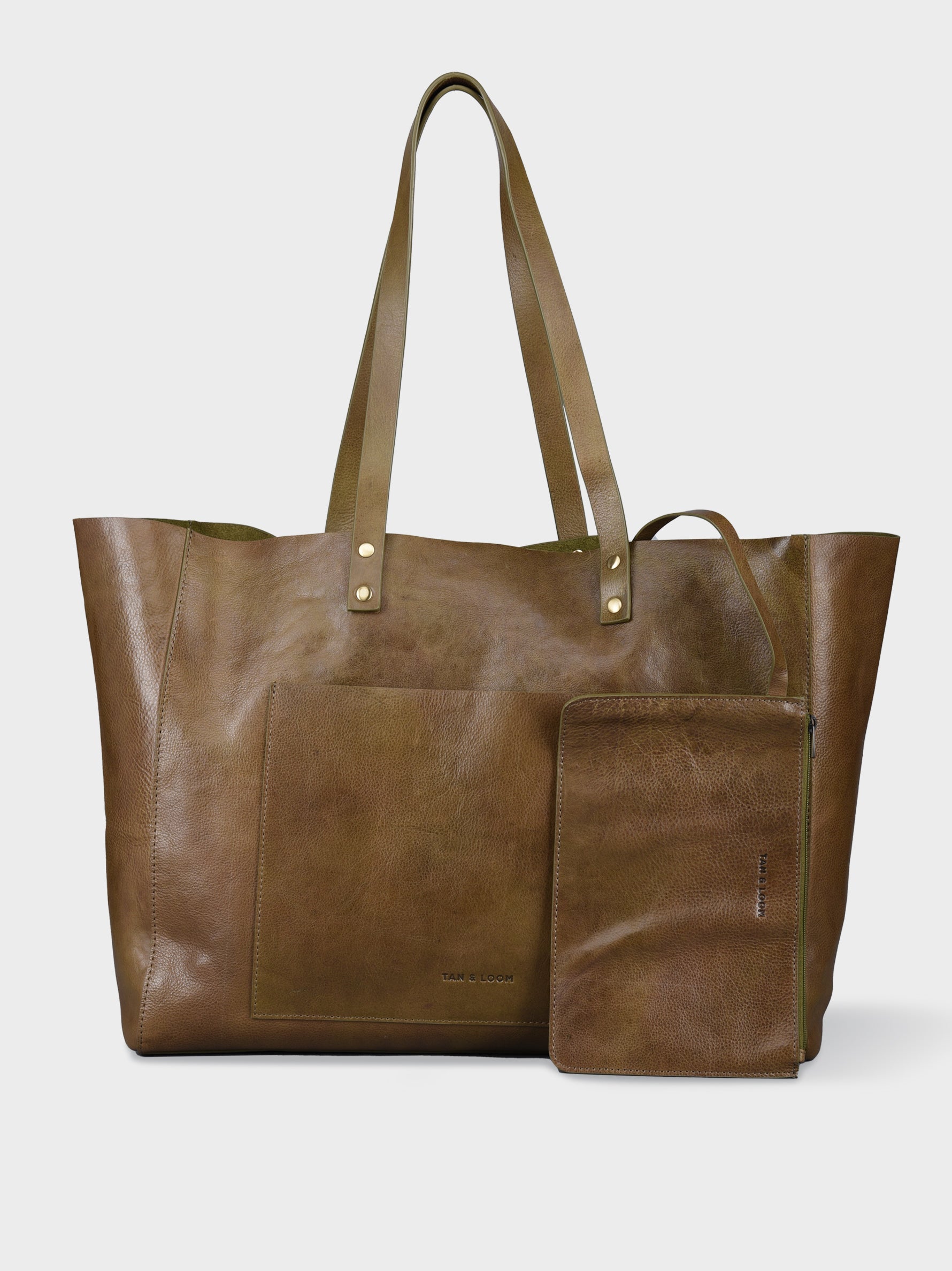 Handcrafted Genuine Vegetable Tanned Leather Old Fashioned Tote Large Olive Green for Women Tan & Loom