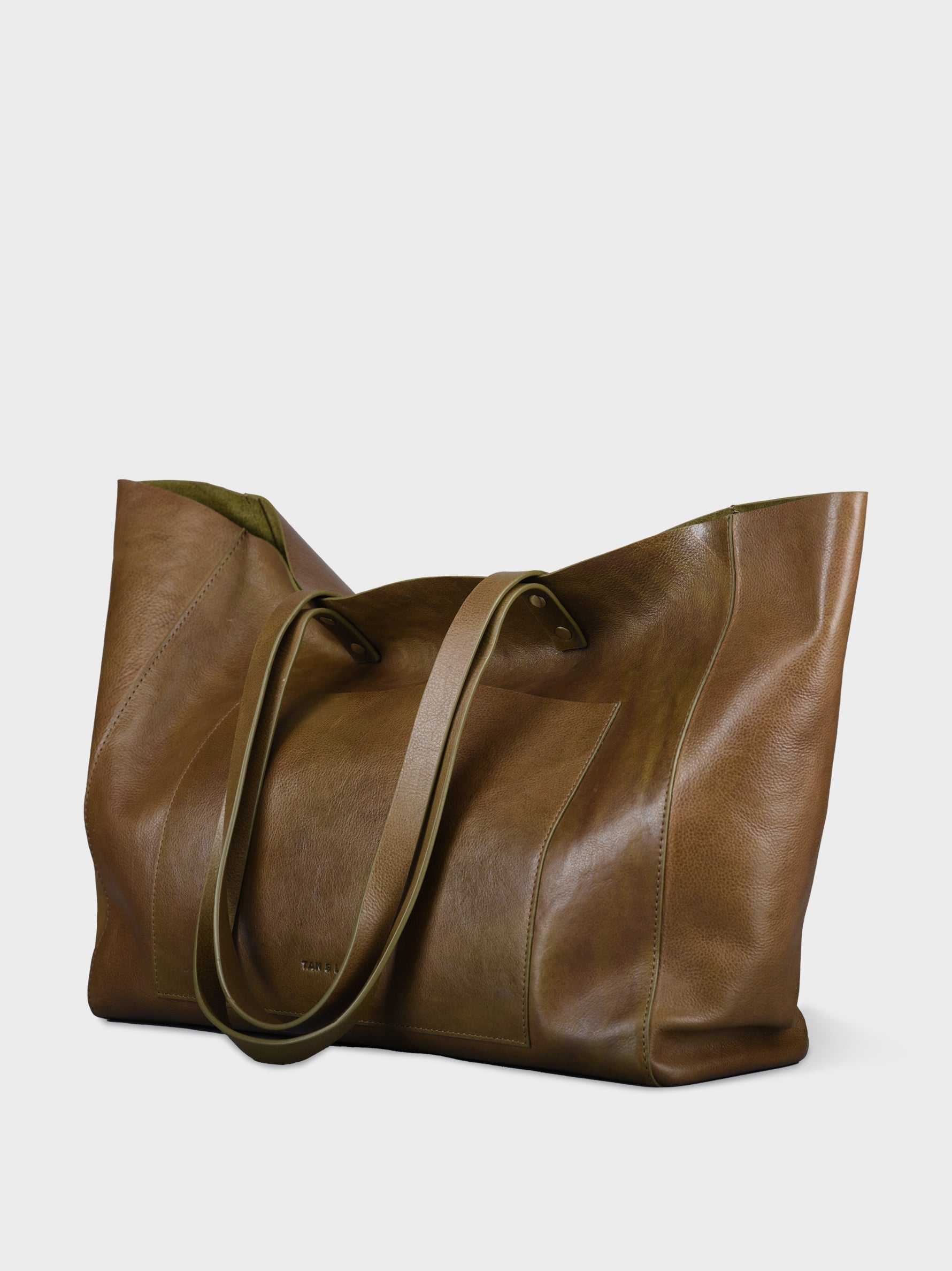 Handcrafted Genuine Vegetable Tanned Leather Old Fashioned Tote Large Olive Green for Women Tan & Loom