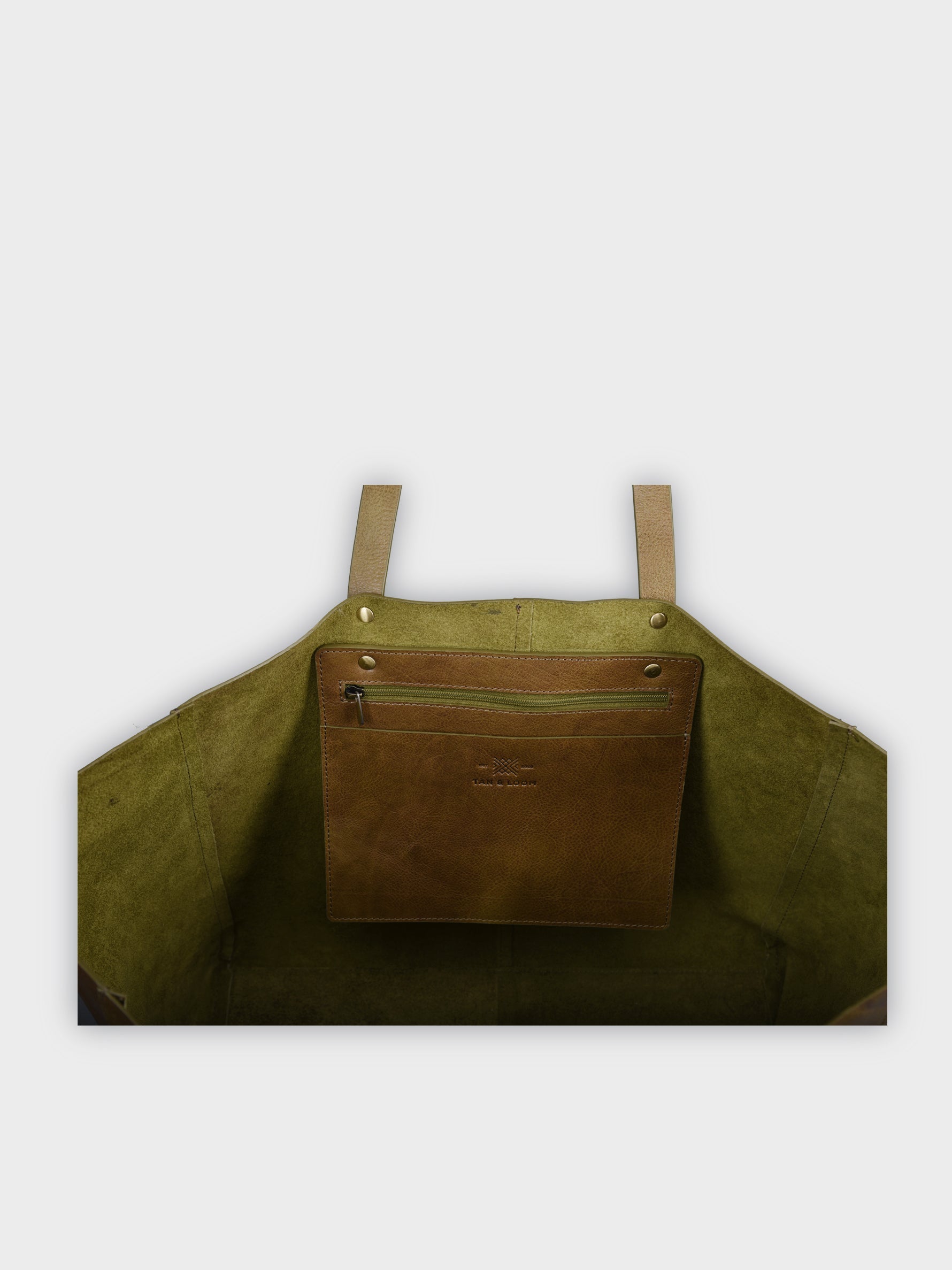 Handcrafted Genuine Vegetable Tanned Leather Old Fashioned Tote Large Olive Green for Women Tan & Loom