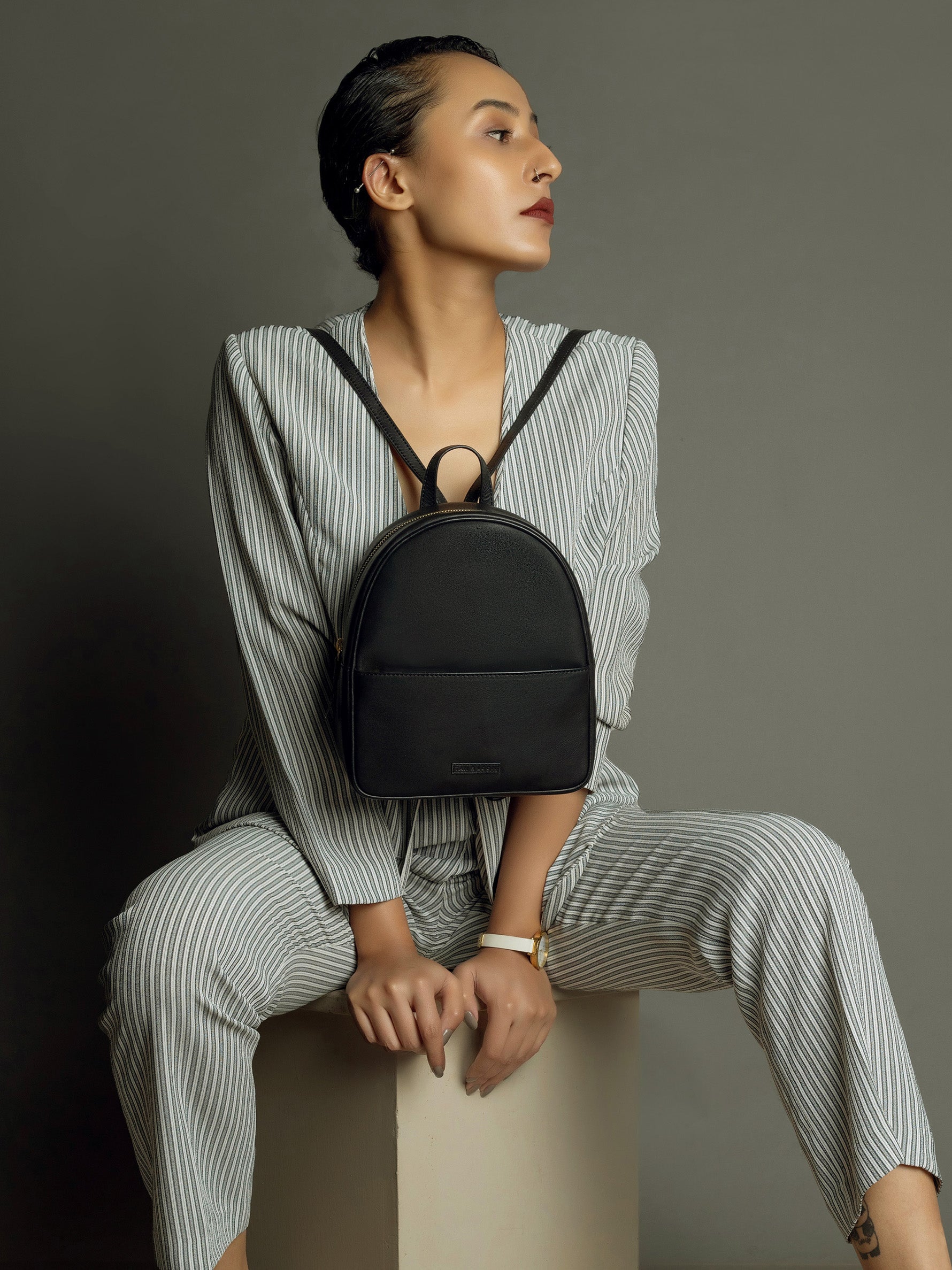 Handcrafted Genuine Vegetable Tanned Leather Backpack for women Black Tan & Loom