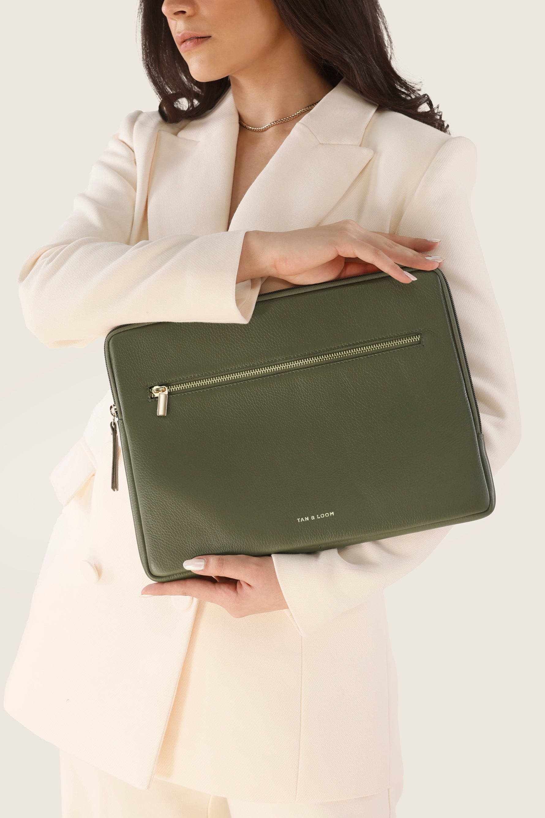 Handcrafted genuine leather classic laptop sleeve for women Olive Green