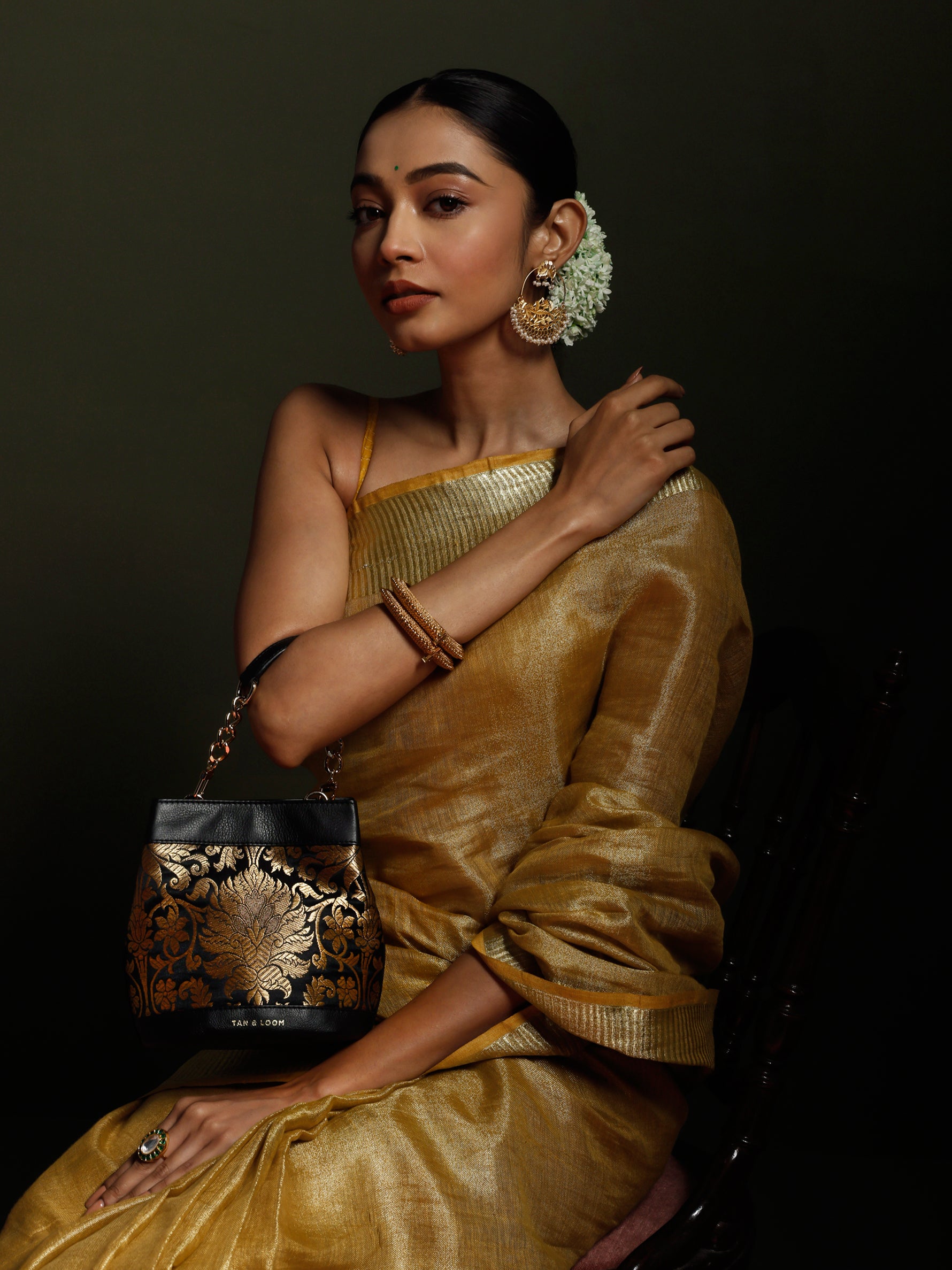 Handcrafted Black Genuine Leather & Banarasi Brocade Rani Batua for Women Tan & Loom