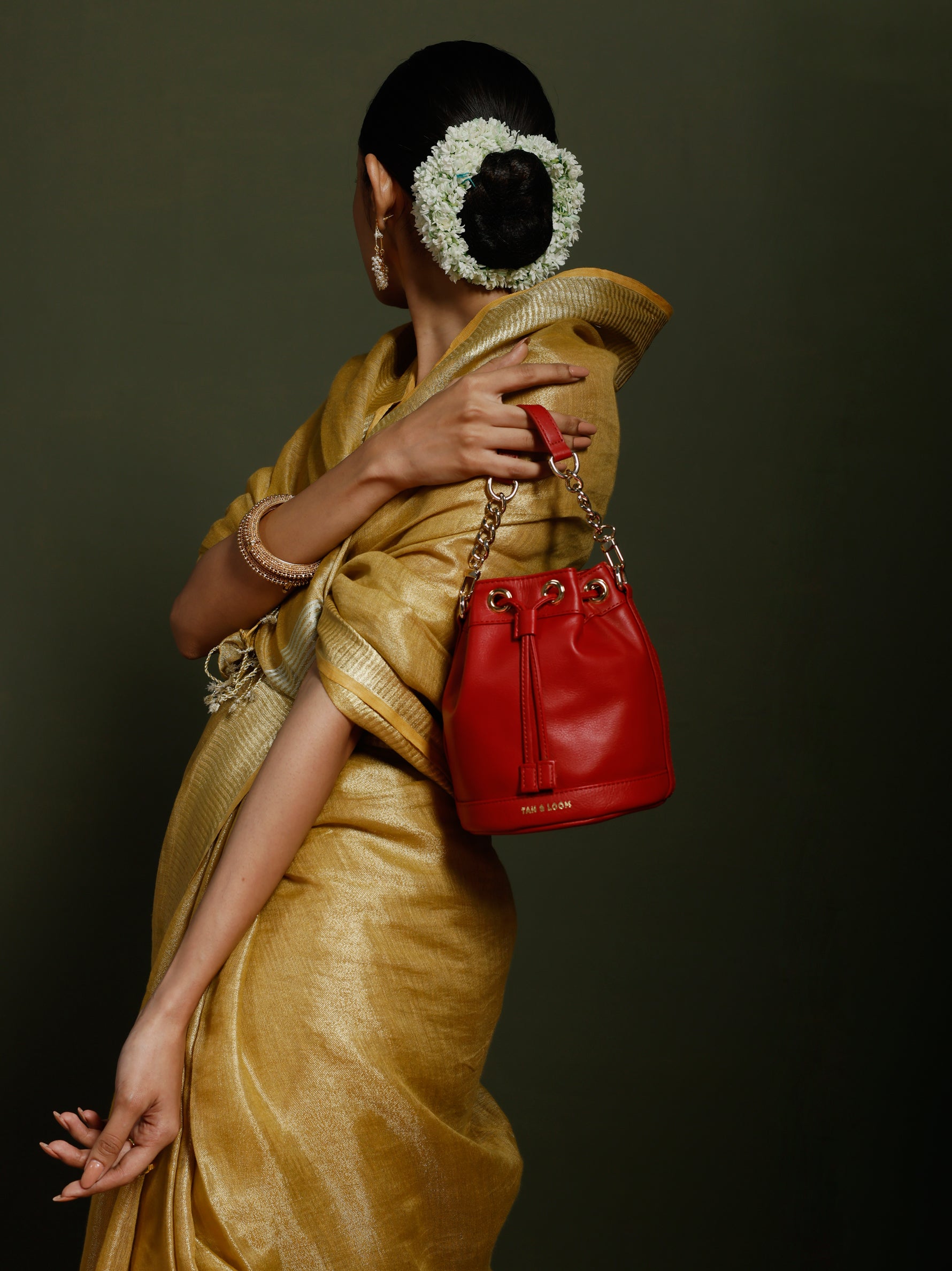 Handcrafted Red Genuine Leather Bombay Bucket Bag for Women Tan & Loom