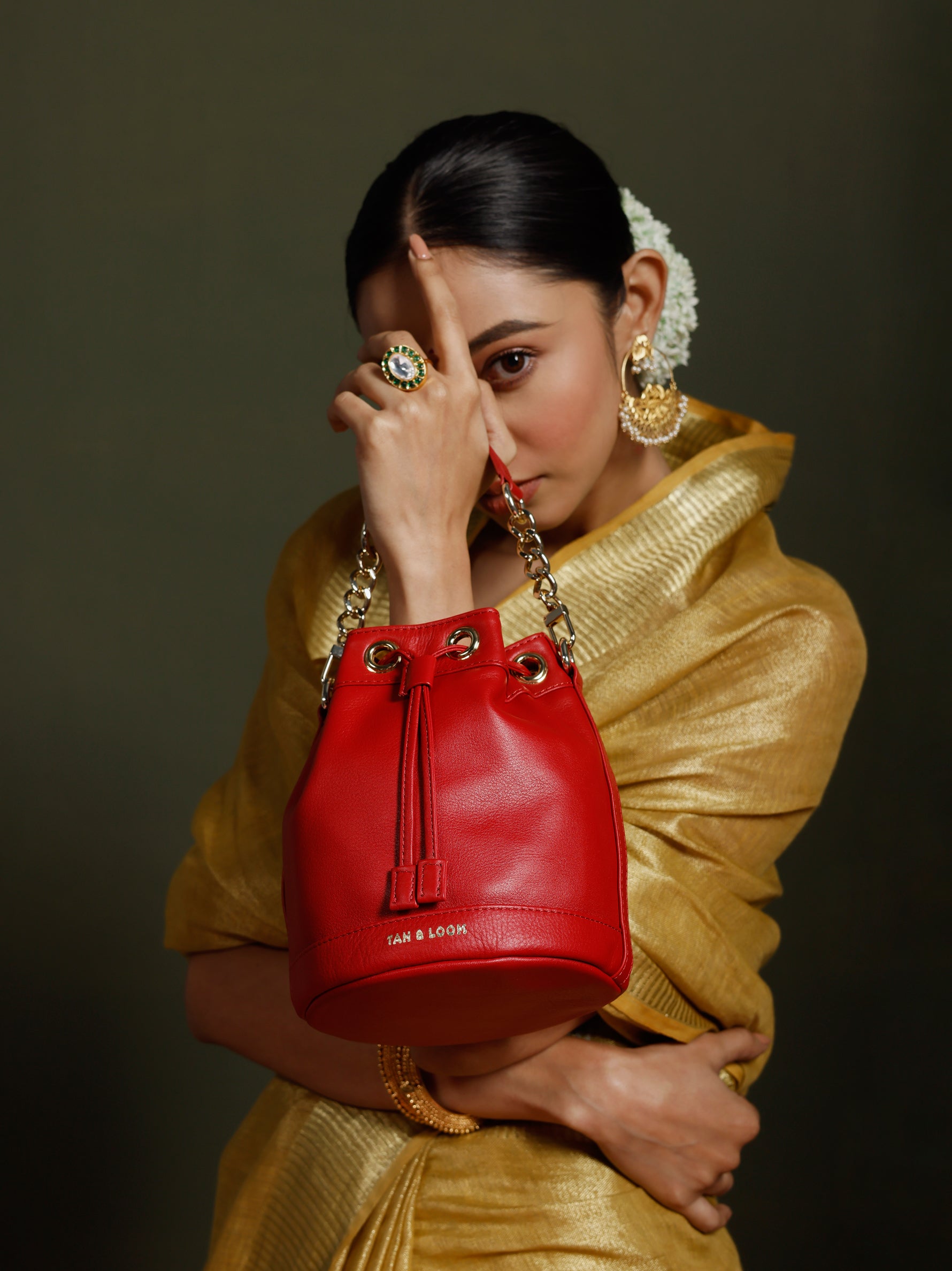 Handcrafted Red Genuine Leather Bombay Bucket Bag for Women Tan & Loom