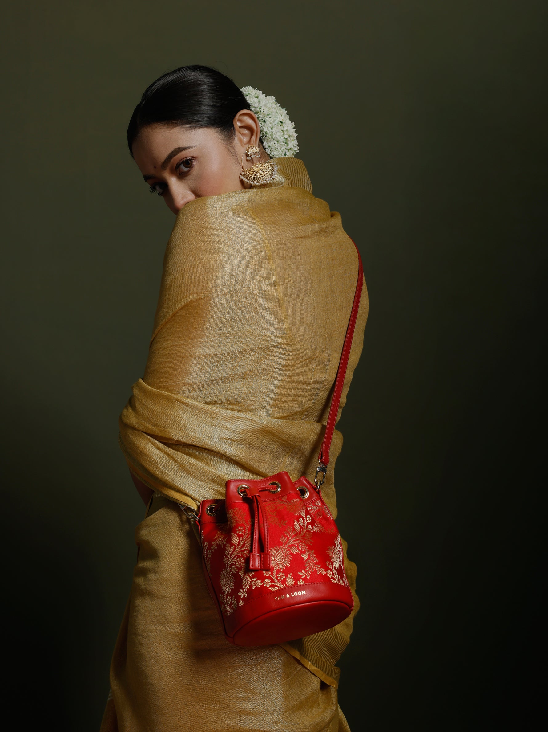 Handcrafted Red Genuine Leather & Banarasi Brocade Bombay Bucket Bag for Women Tan & Loom