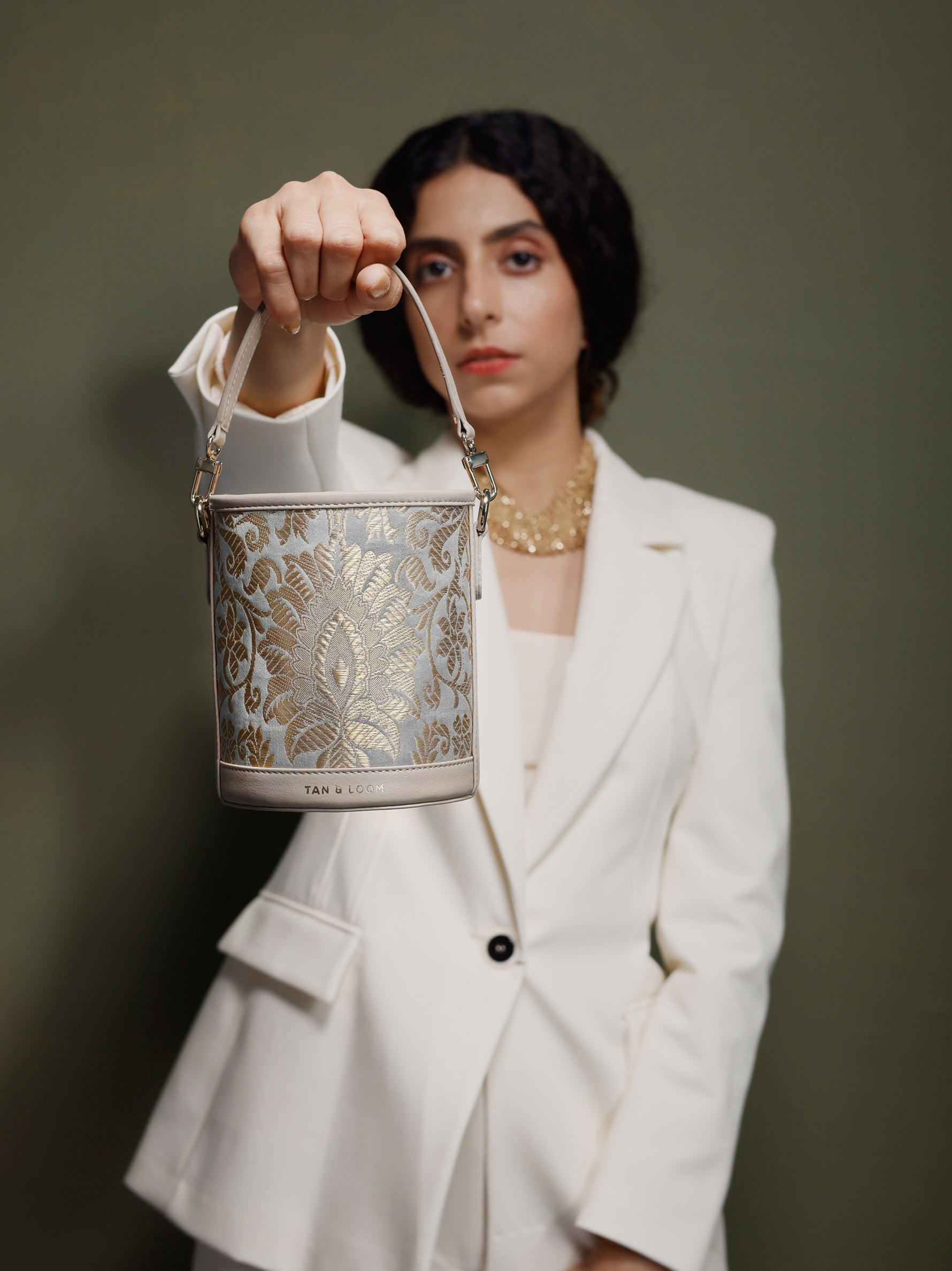 Handcrafted Mint Grey Genuine Leather & Banarasi Brocade Cylinder Potli Bag for Women Tan & Loom