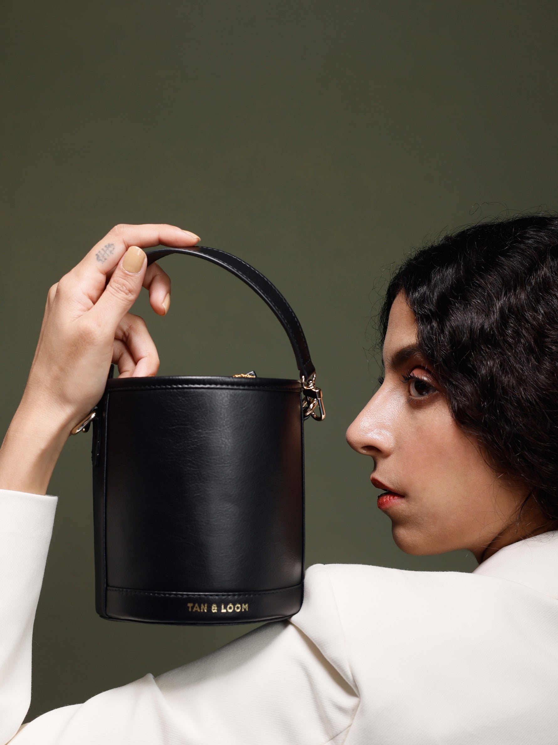 Handcrafted Black Genuine Leather Cylinder Potli Bag for Women Tan & Loom