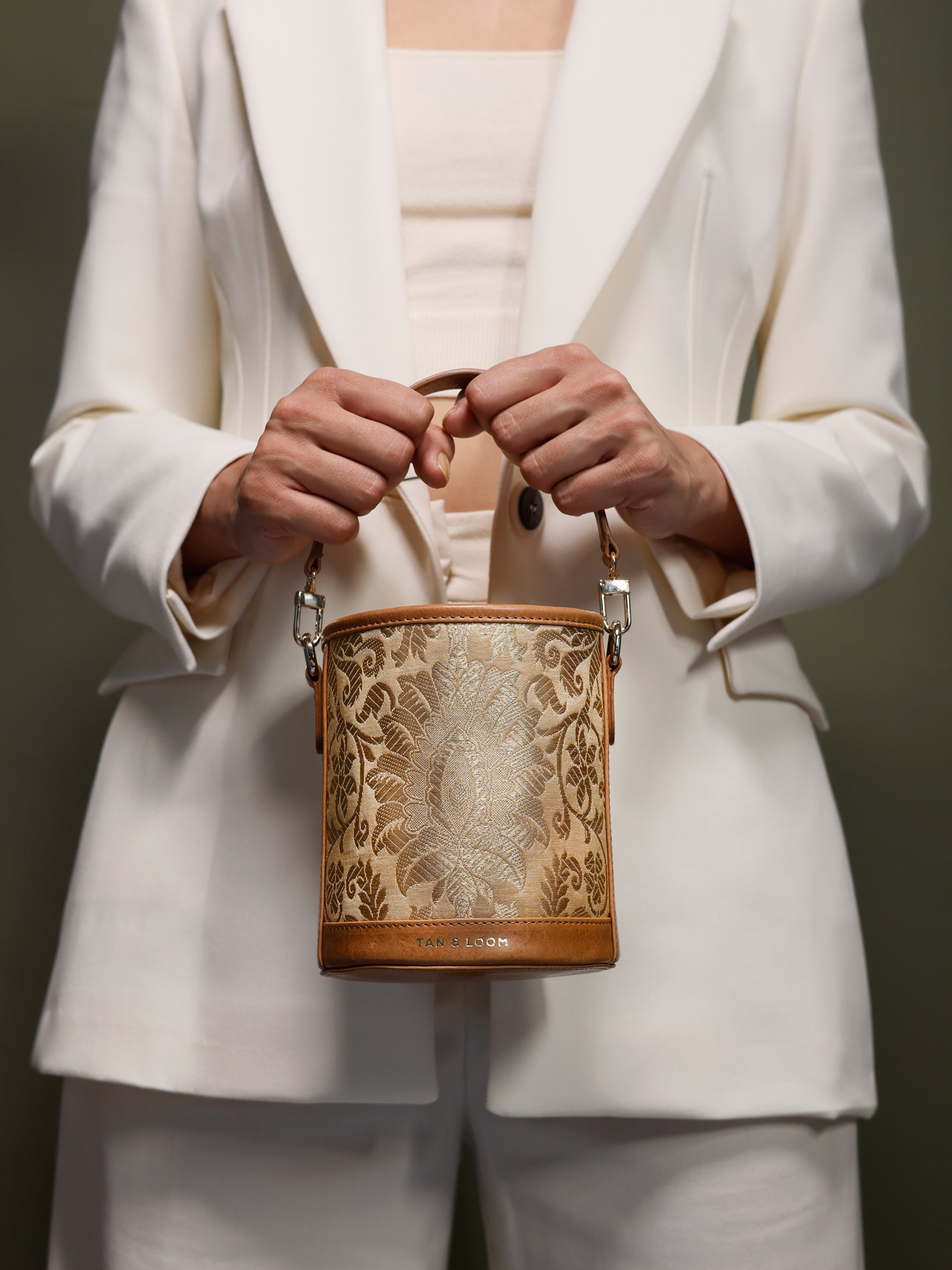 Handcrafted Golden Genuine Leather & Banarasi Brocade Cylinder Potli Bag for Women Tan & Loom