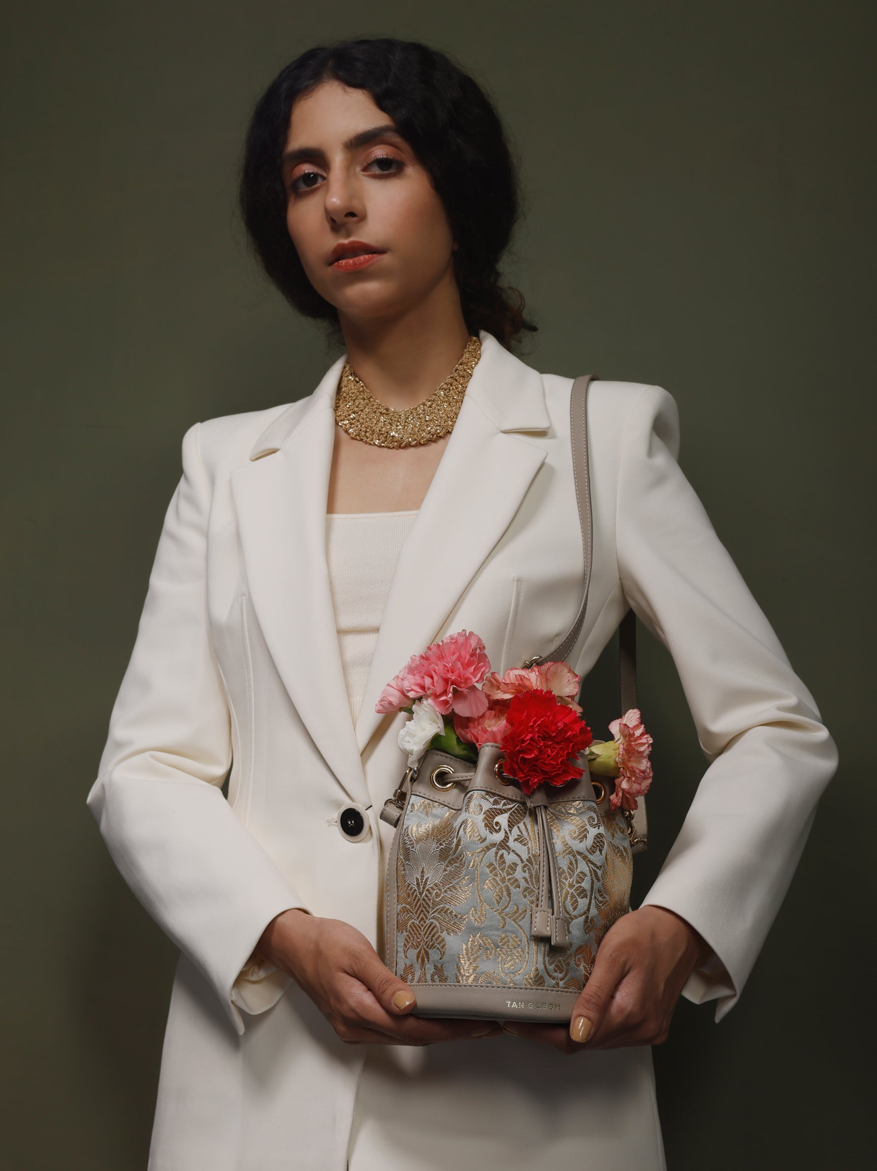 Handcrafted Mint Grey Genuine Leather & Banarasi Brocade Bombay Bucket Bag for Women Tan & Loom