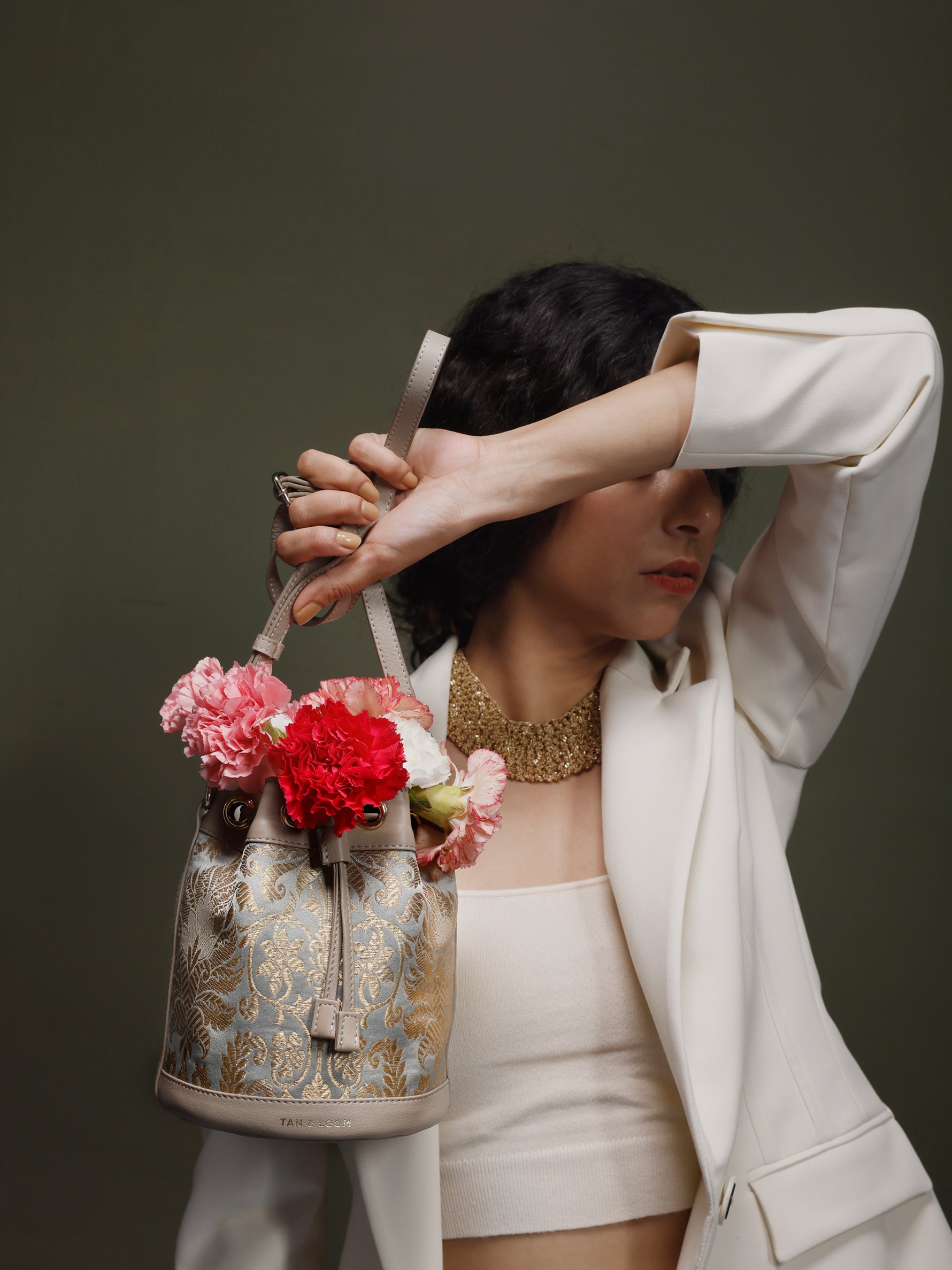 Handcrafted Mint Grey Genuine Leather & Banarasi Brocade Bombay Bucket Bag for Women Tan & Loom