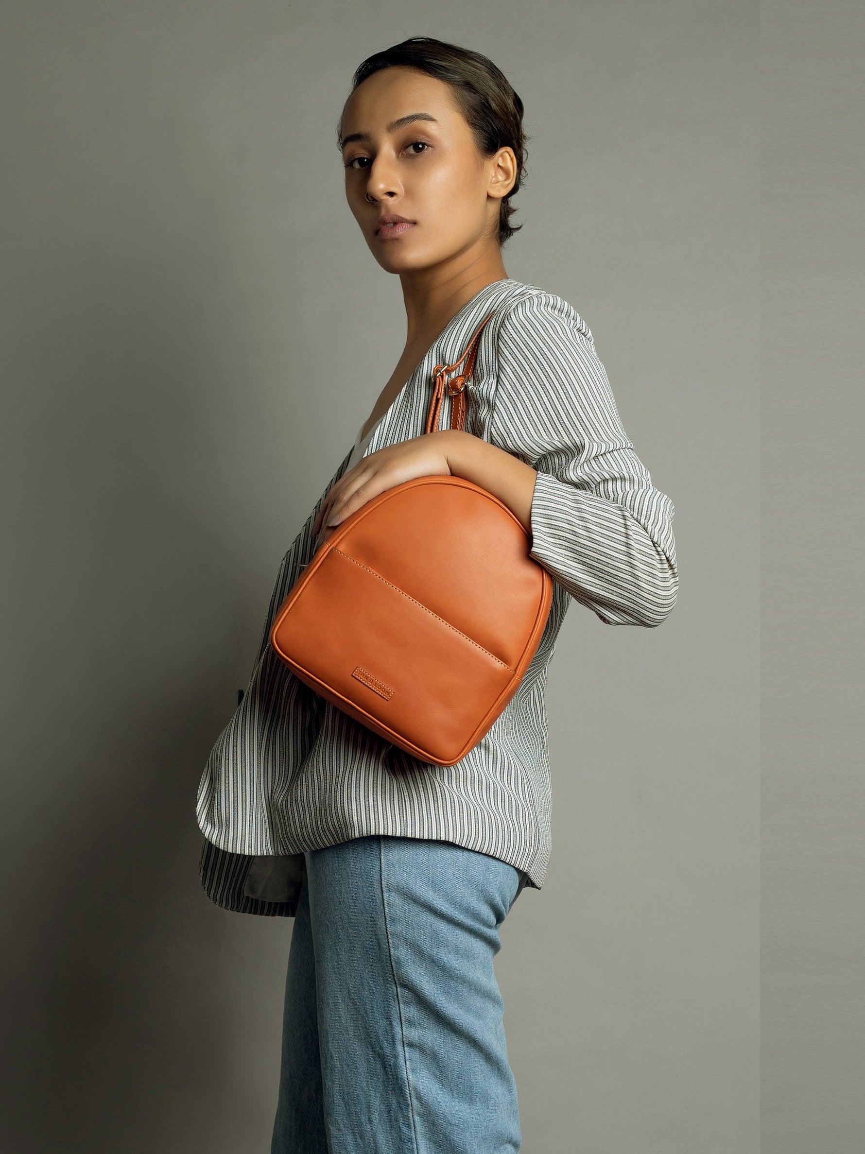 Handcrafted Genuine Vegetable Tanned Leather Backpack for women Tan Colour Tan & Loom