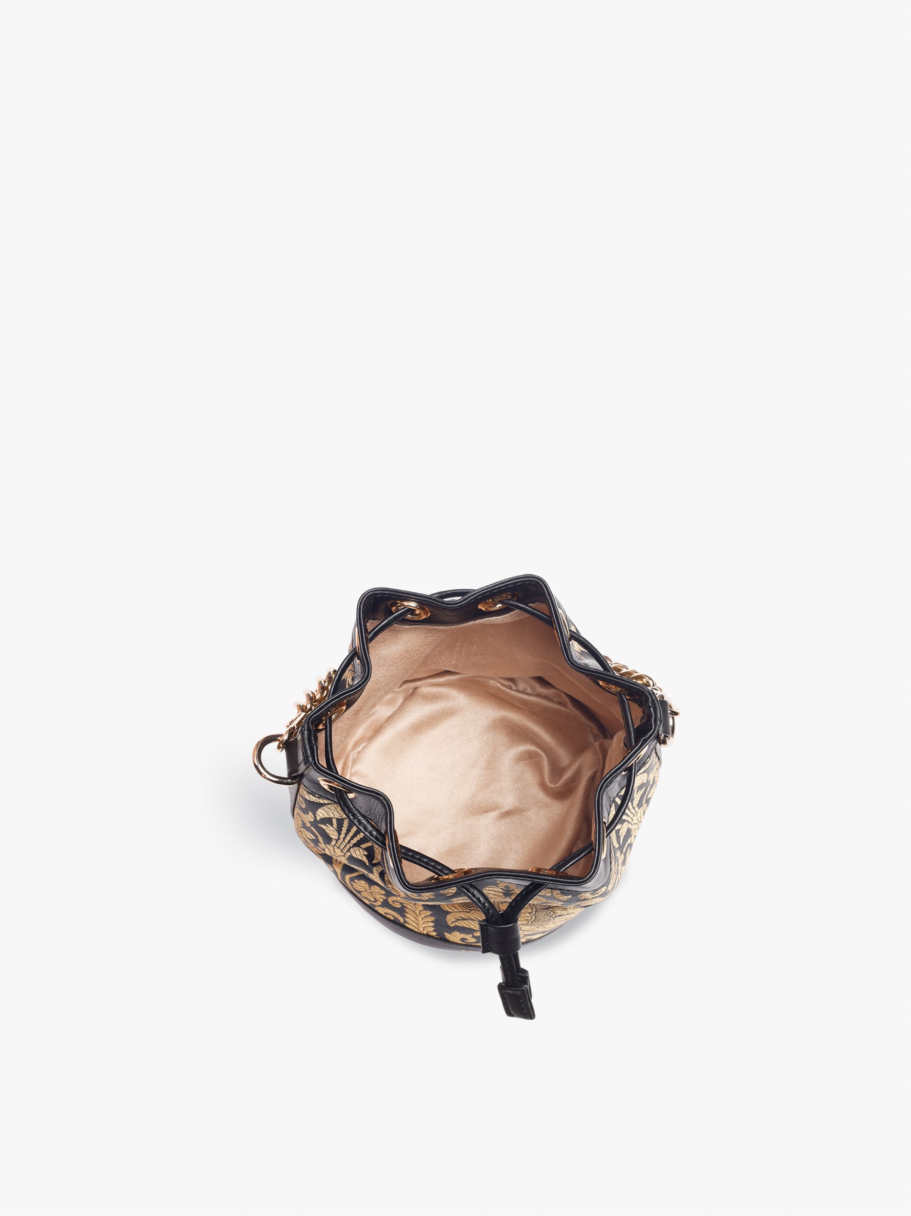 Handcrafted Black Genuine Leather & Banarasi Brocade Bombay Bucket Bag for Women Tan & Loom