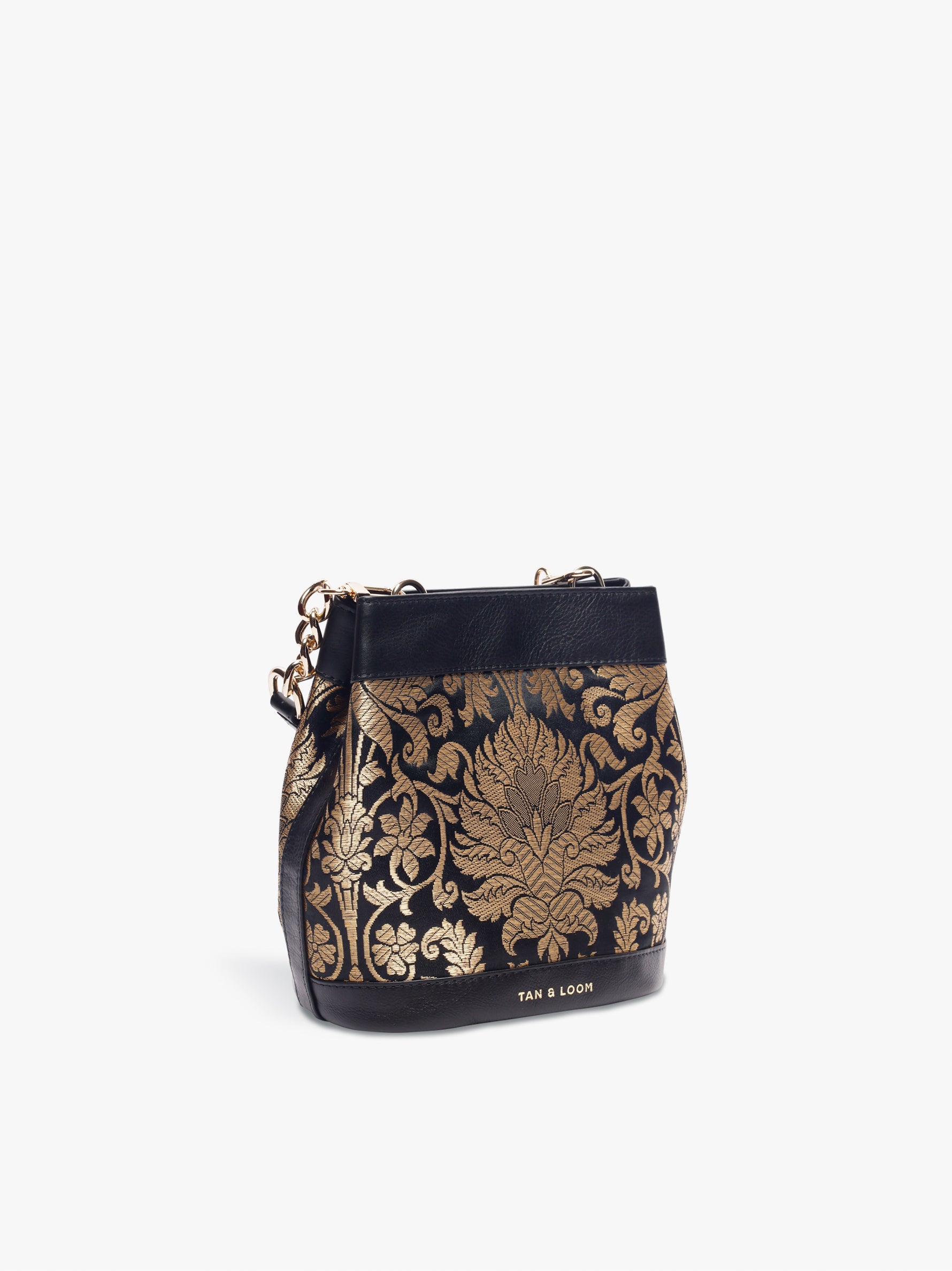 Handcrafted Black Genuine Leather & Banarasi Brocade Rani Batua for Women Tan & Loom