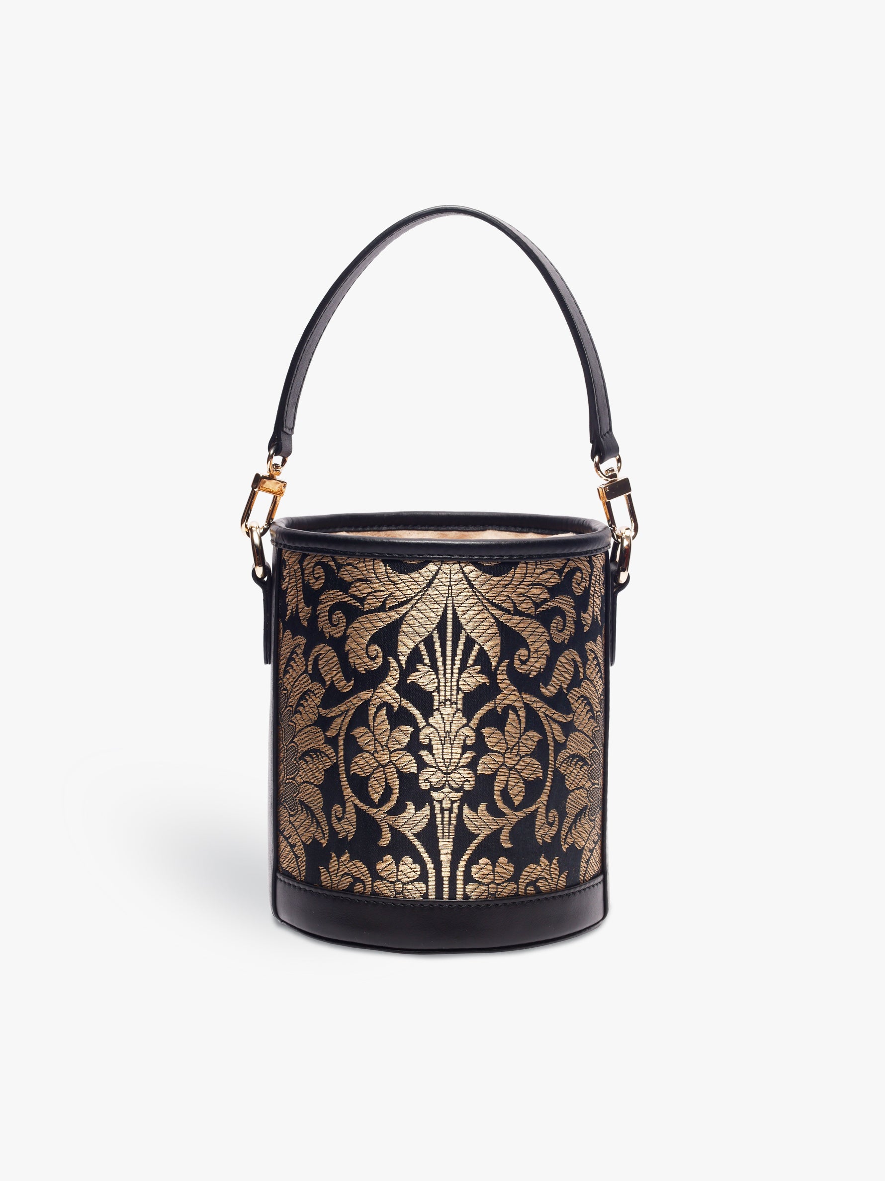Handcrafted Black Genuine Leather & Banarasi Brocade Cylinder Potli Bag for Women Tan & Loom 