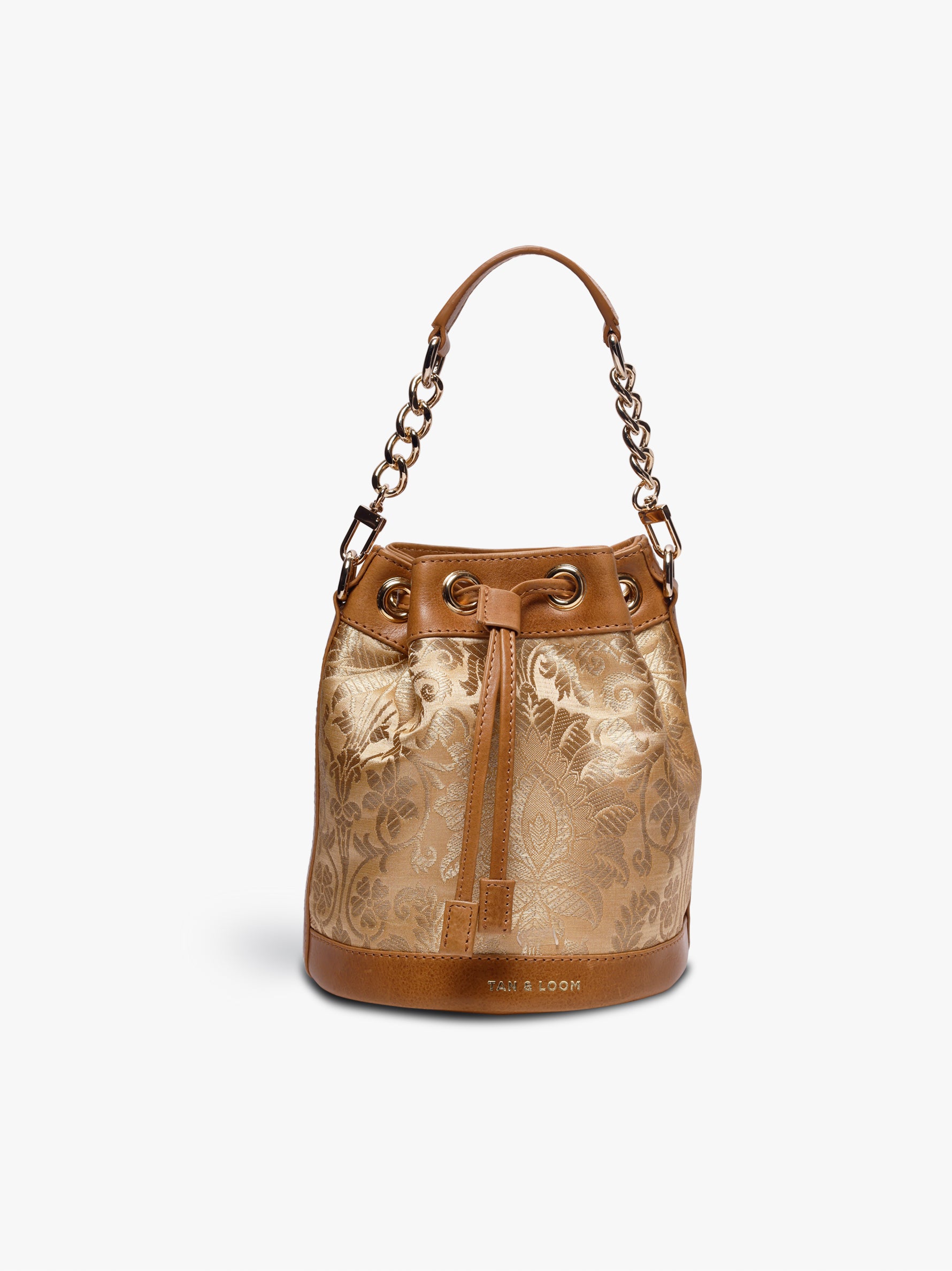 Handcrafted Golden Genuine Leather & Banarasi Brocade Bombay Bucket Bag for Women Tan & Loom