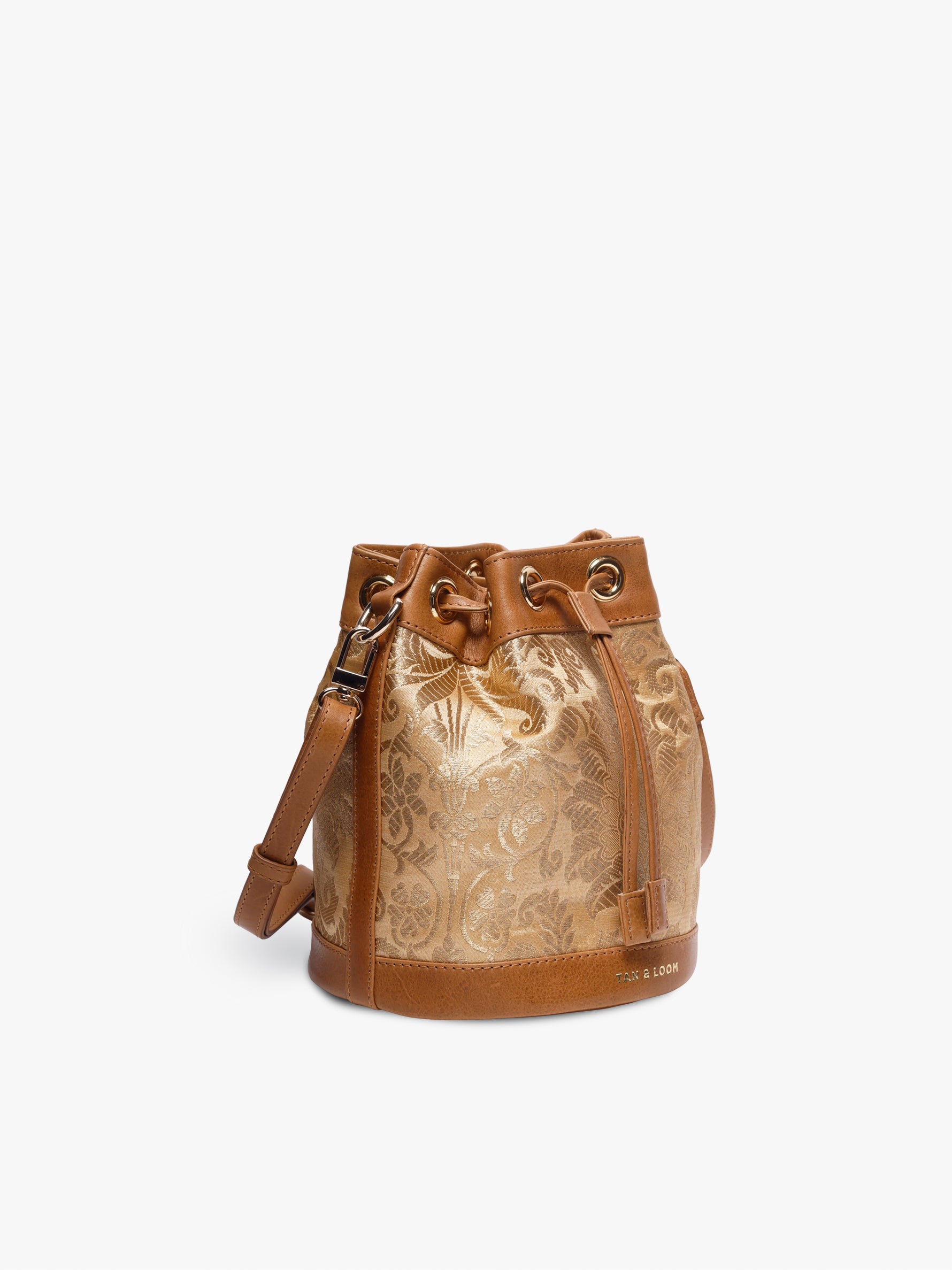 Handcrafted Golden Genuine Leather & Banarasi Brocade Bombay Bucket Bag for Women Tan & Loom