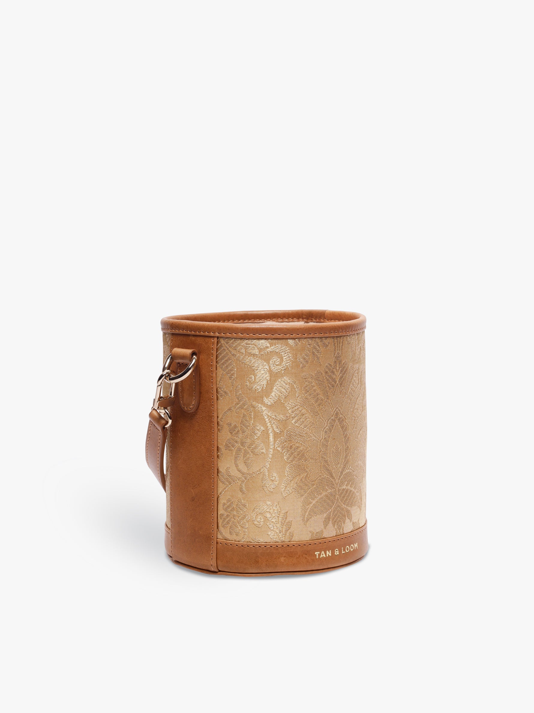 Handcrafted Golden Genuine Leather & Banarasi Brocade Cylinder Potli Bag for Women Tan & Loom