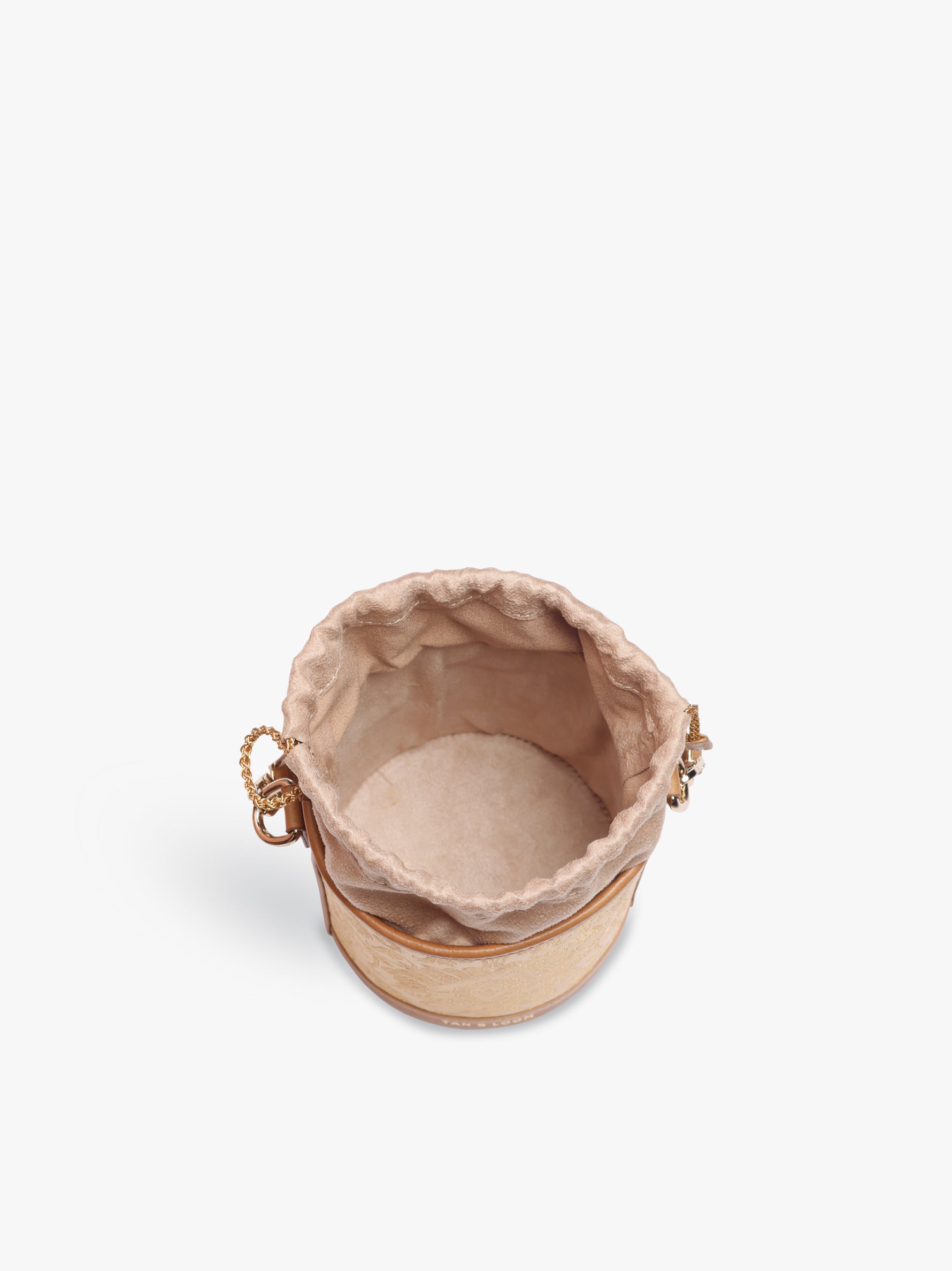 Handcrafted Golden Genuine Leather & Banarasi Brocade Cylinder Potli Bag for Women Tan & Loom