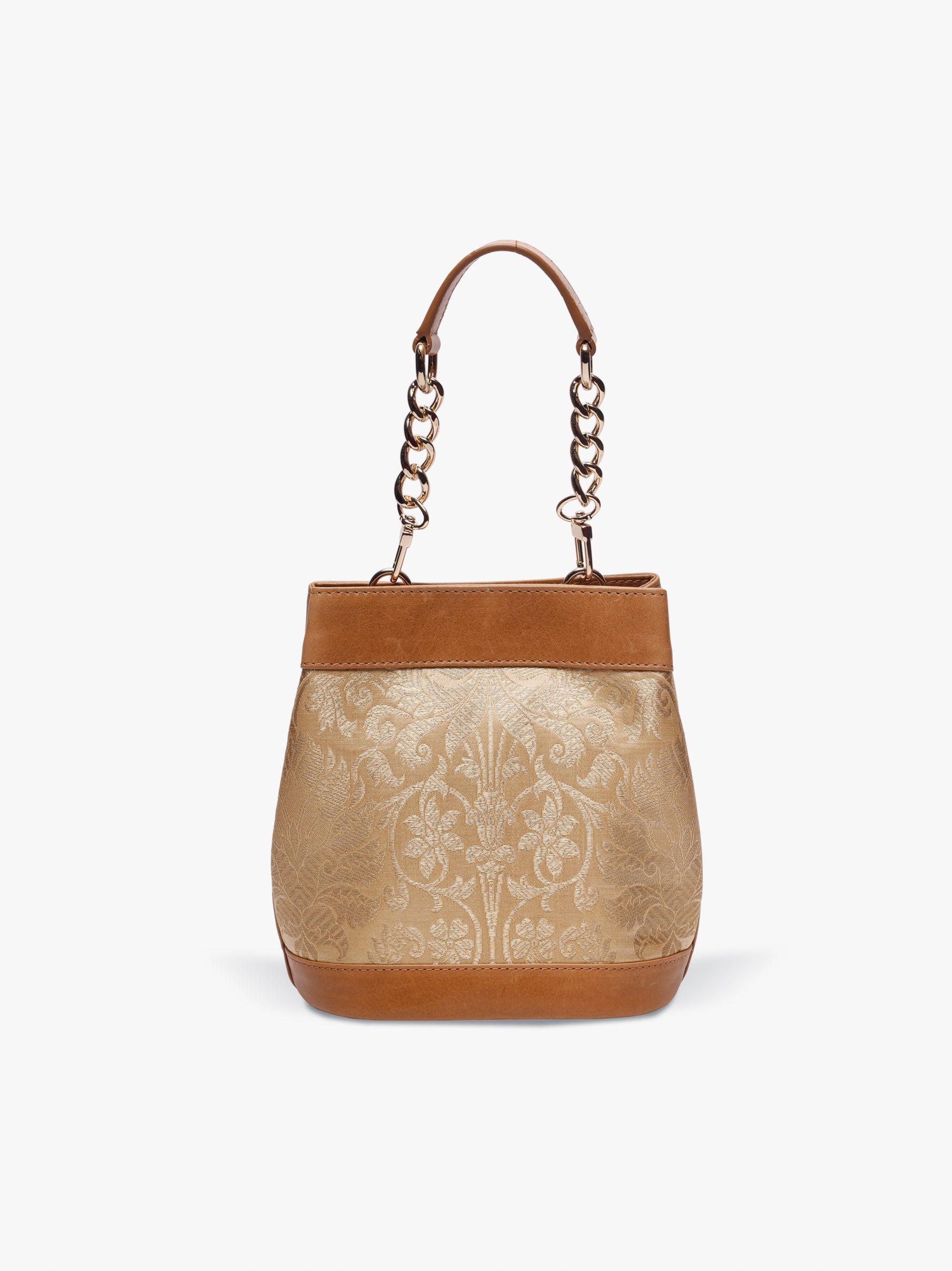 Handcrafted Golden Genuine Leather & Banarasi Brocade Rani Batua for Women Tan & Loom