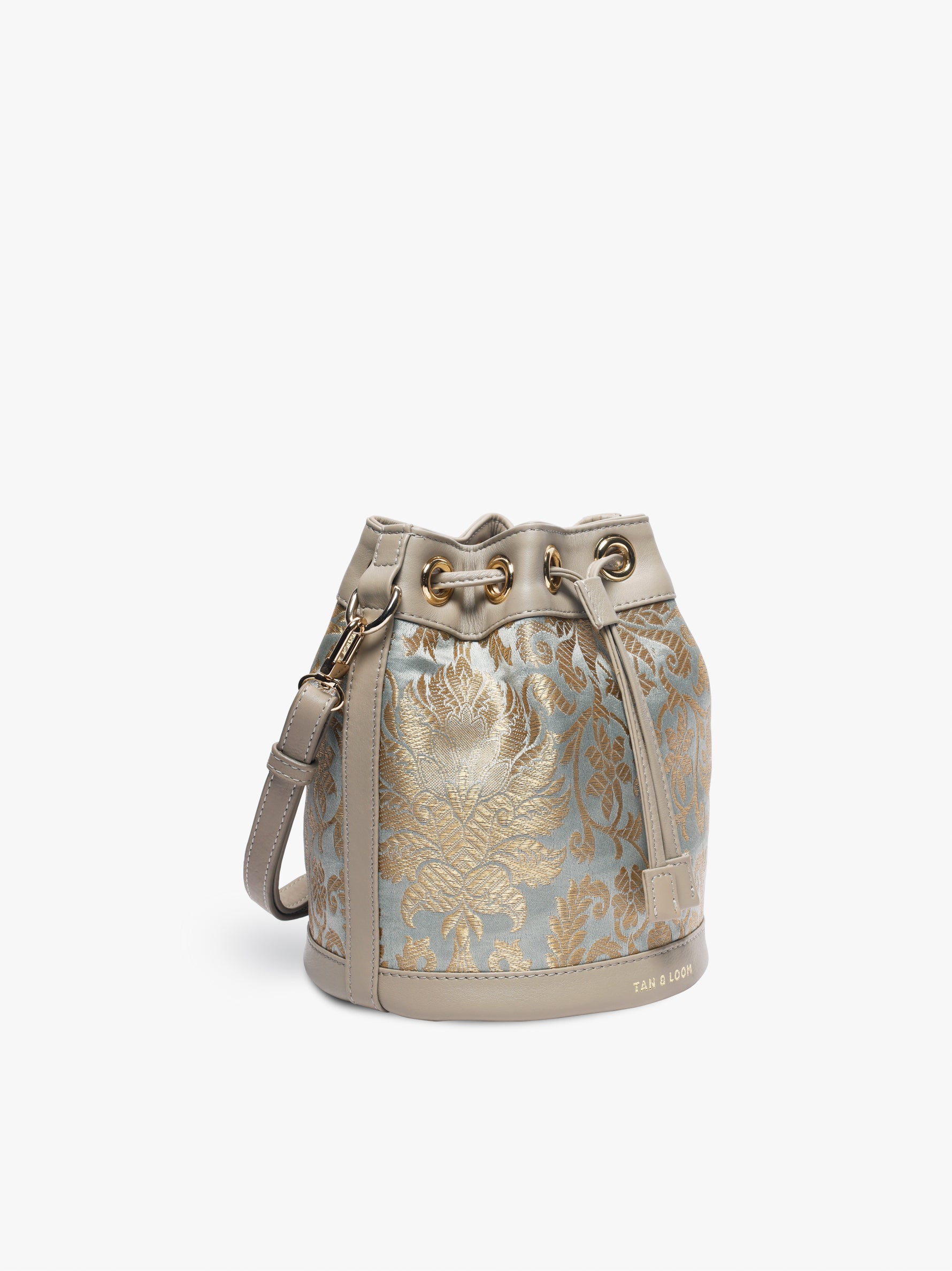 Handcrafted Mint Grey Genuine Leather & Banarasi Brocade Bombay Bucket Bag for Women Tan & Loom