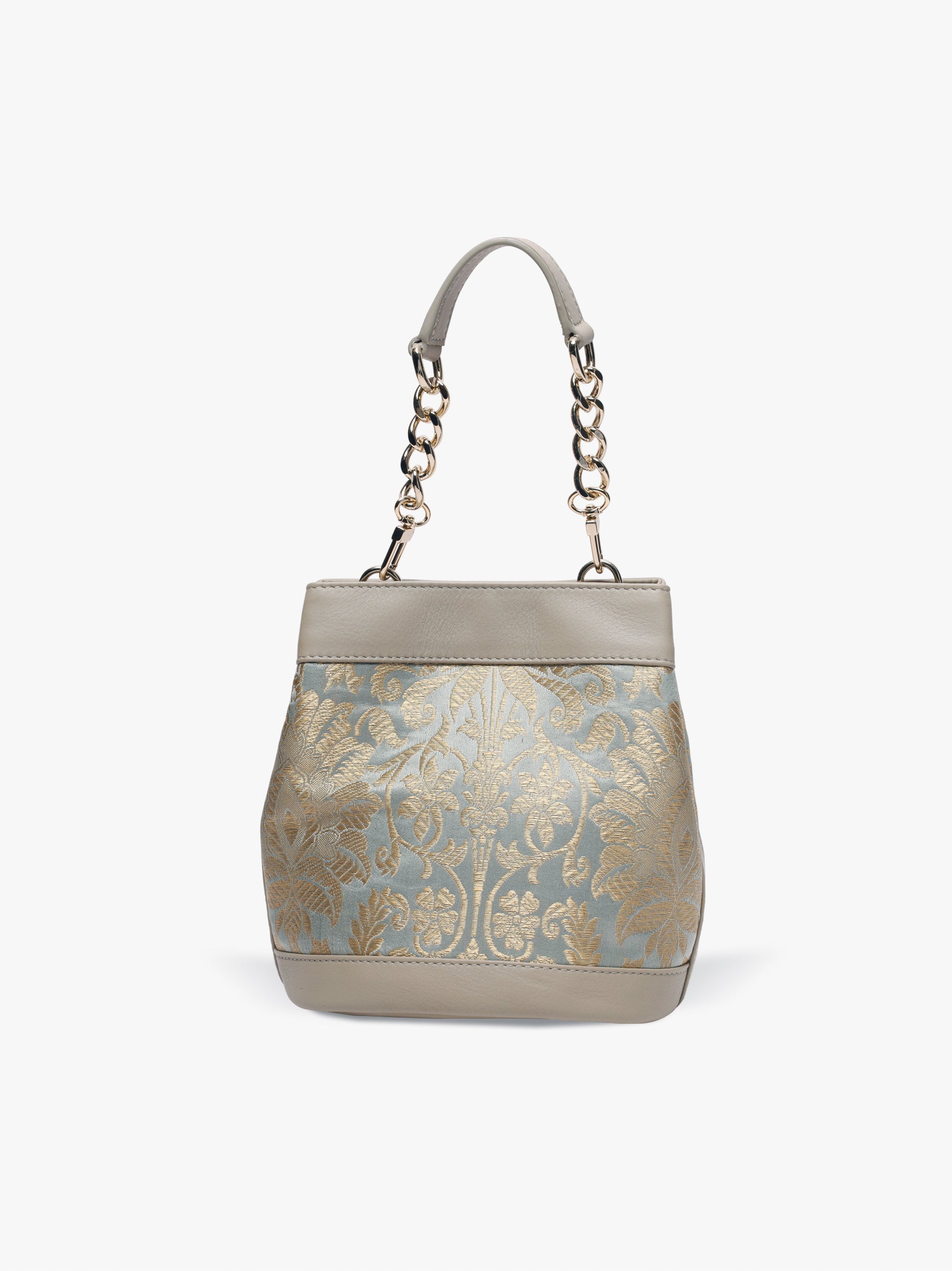 Handcrafted Mint Grey Genuine Leather & Banarasi Brocade Rani Batua for Women Tan & Loom