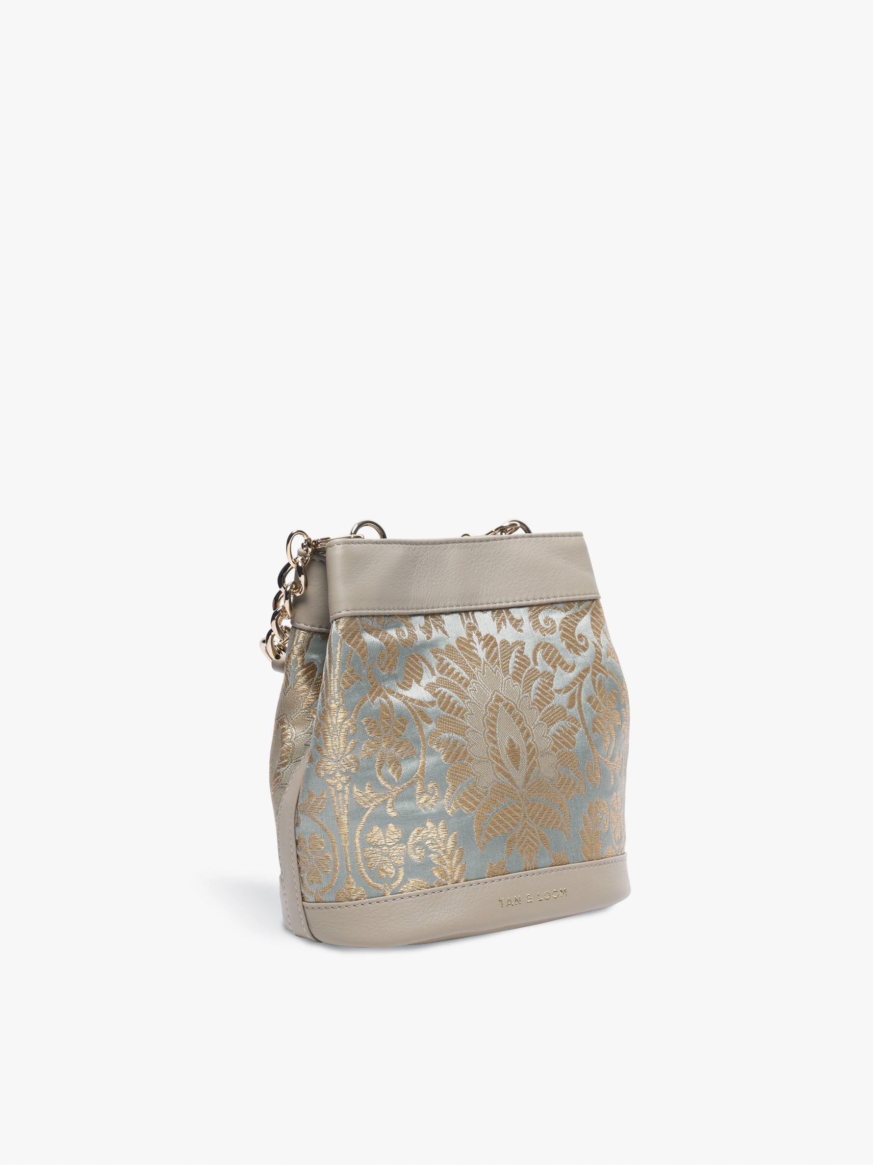 Handcrafted Mint Grey Genuine Leather & Banarasi Brocade Rani Batua for Women Tan & Loom