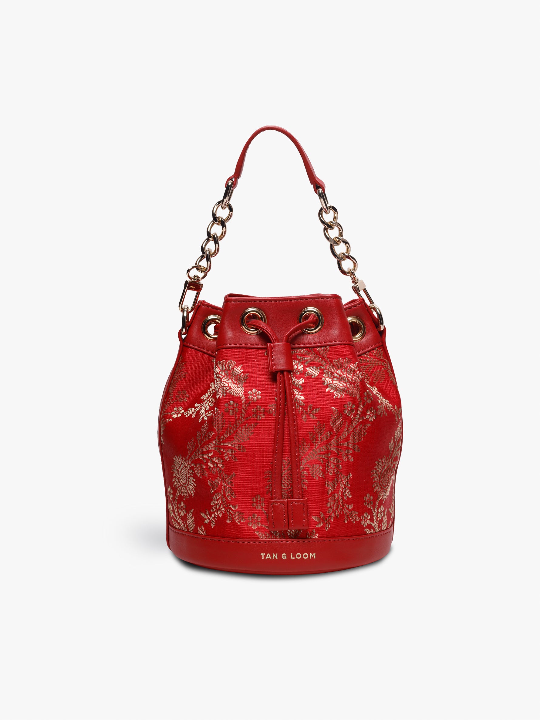 Handcrafted Red Genuine Leather & Banarasi Brocade Bombay Bucket Bag for Women Tan & Loom