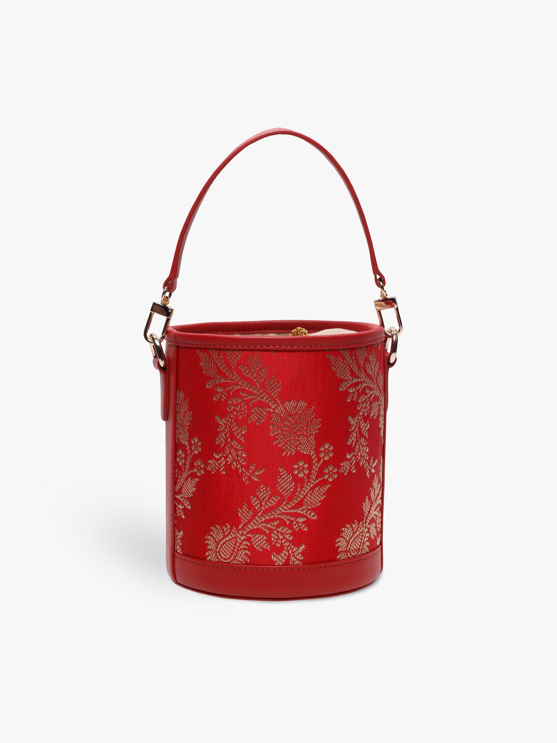 Handcrafted Red Genuine Leather & Banarasi Brocade Cylinder Potli Bag for Women Tan & Loom