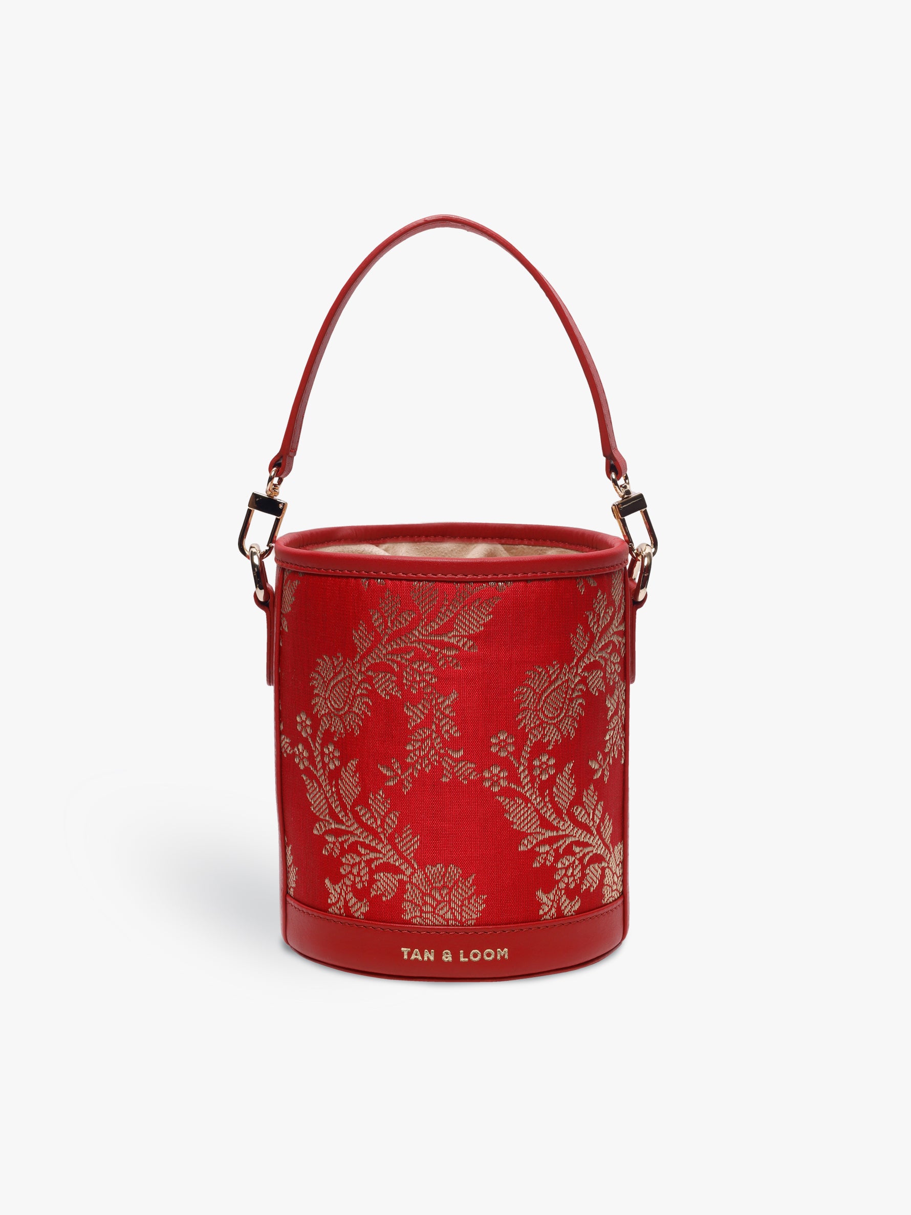 Handcrafted Red Genuine Leather & Banarasi Brocade Cylinder Potli Bag for Women Tan & Loom