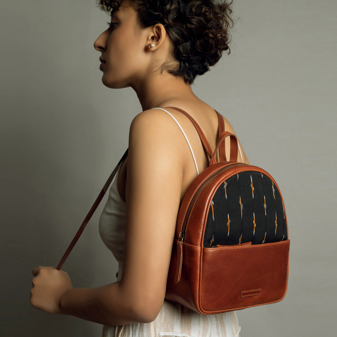 Handcrafted Premium Genuine Vegetable Tanned Leather & Ikat Backpack for Women Tan & Loom