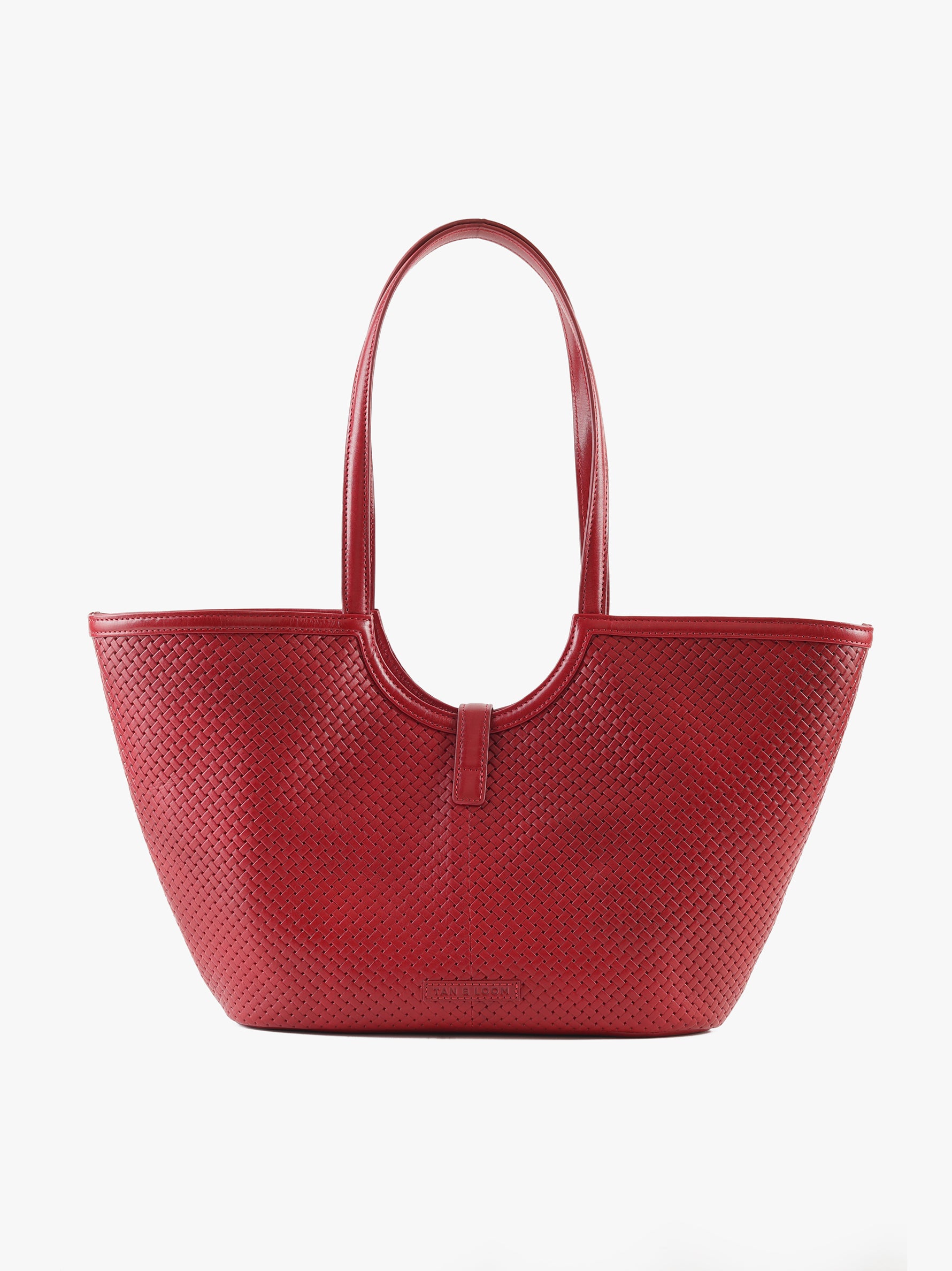 Handcrafted Woven Vegetable Tanned Leather Amalfi Tote Medium Cherry Red for Women Tan & Loom