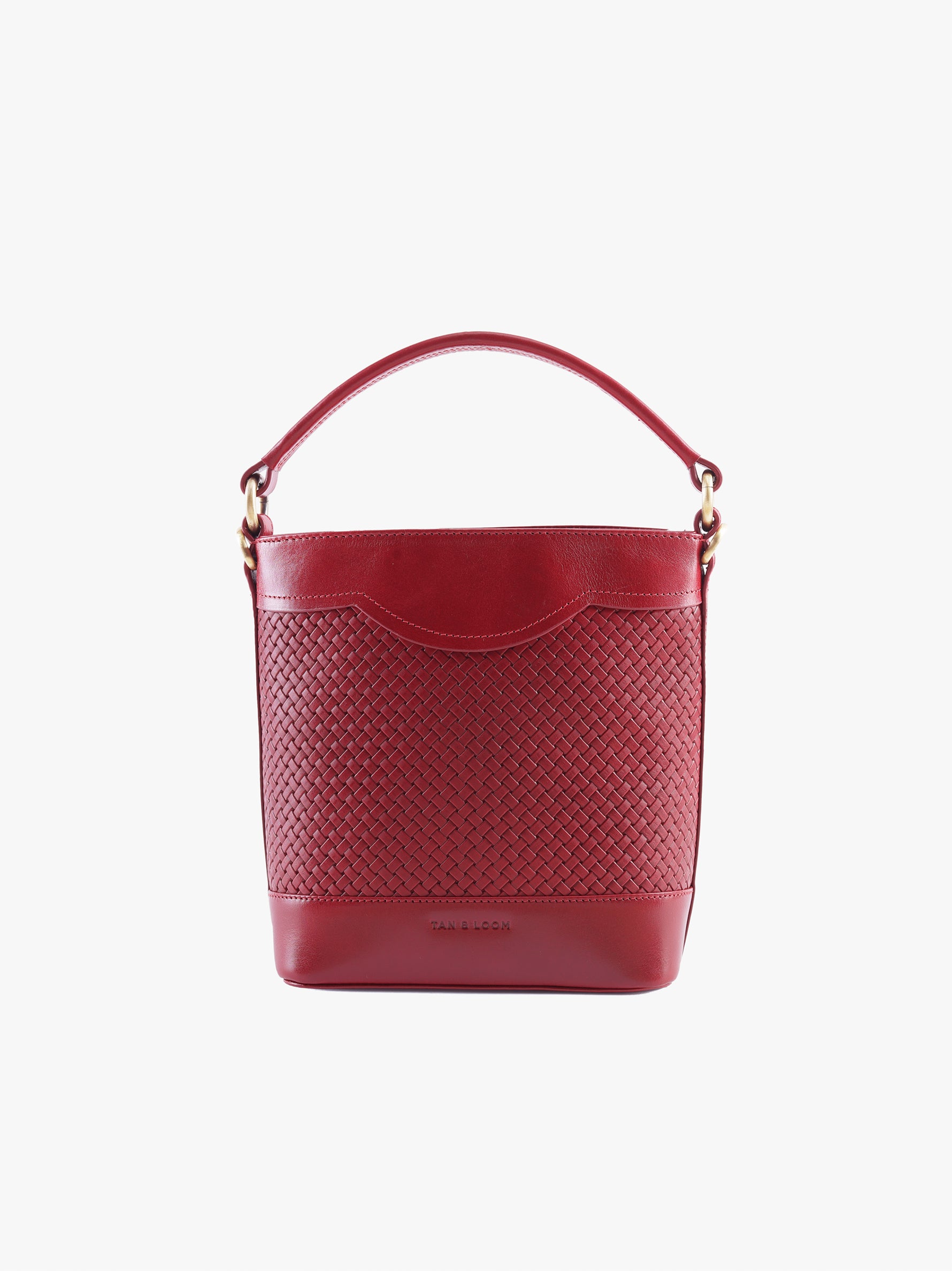 Handcrafted Woven Vegetable Tanned Leather Portobello Bucket Bag Cherry Red for Women Tan & Loom