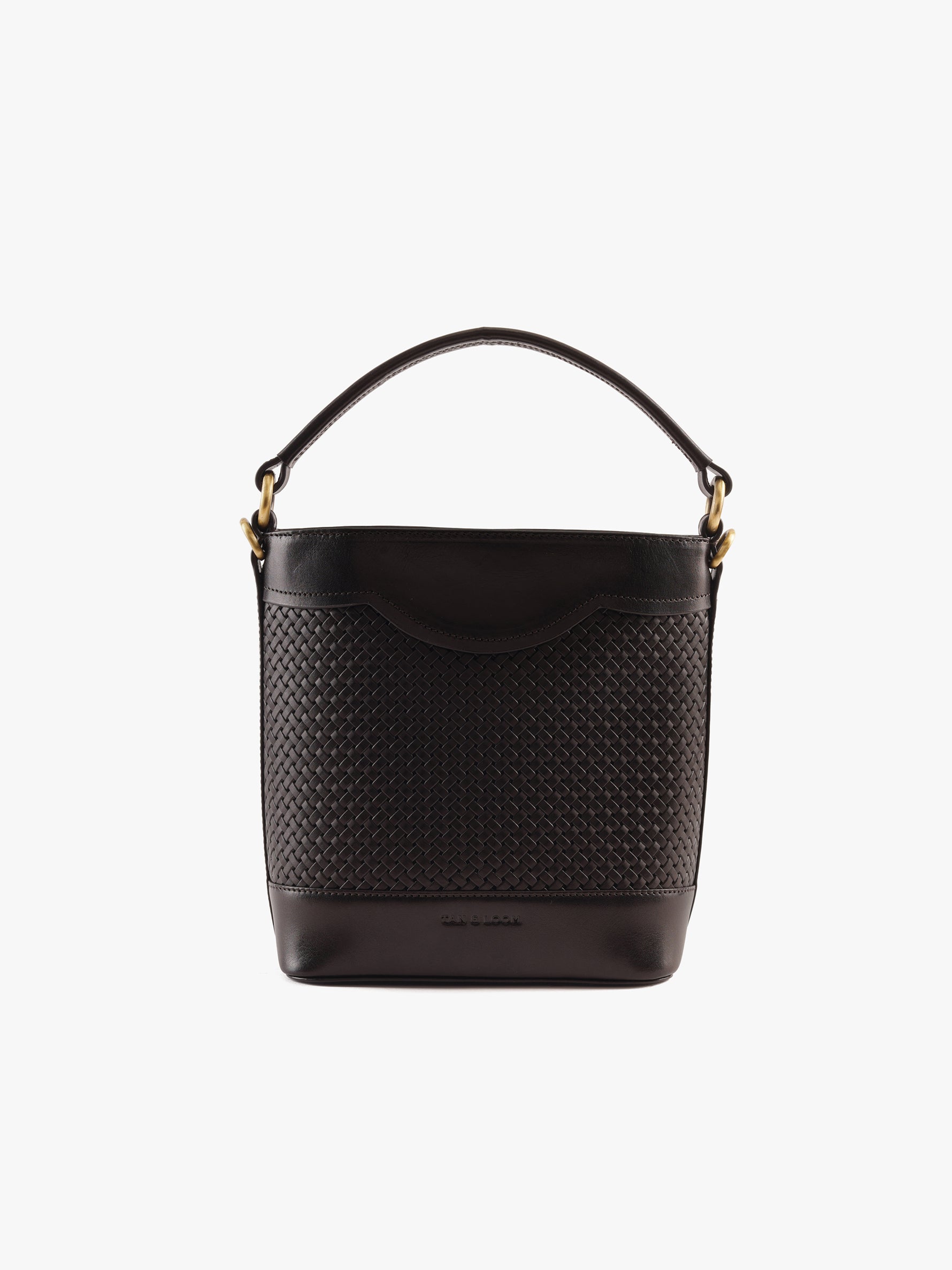 Handcrafted Woven Vegetable Tanned Leather Portobello Bucket Bag Warm Black for Women Tan & Loom