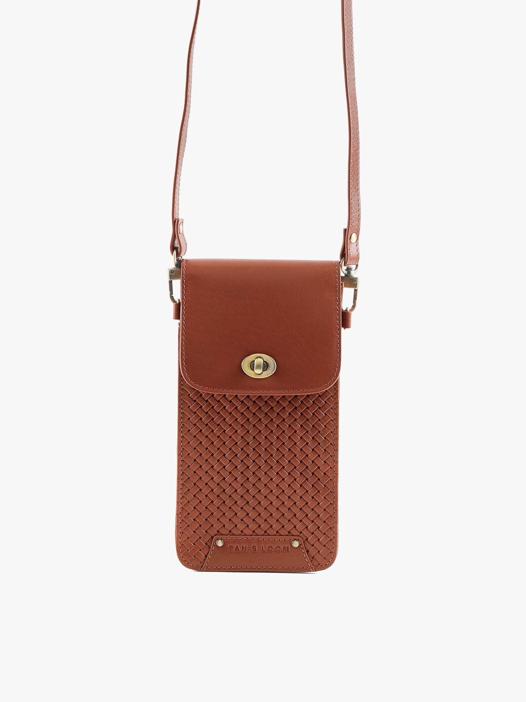 Handcrafted Woven Vegetable Tanned Leather Manhattan Mobile Sling Cognac for Women Tan & Loom