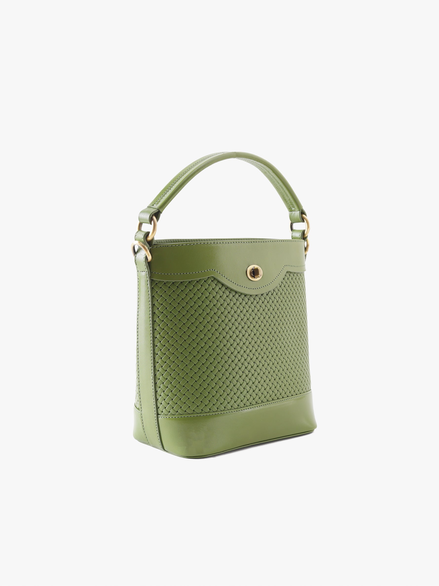 Handcrafted Woven Vegetable Tanned Leather Portobello Bucket Bag Matcha Green for Women Tan & Loom