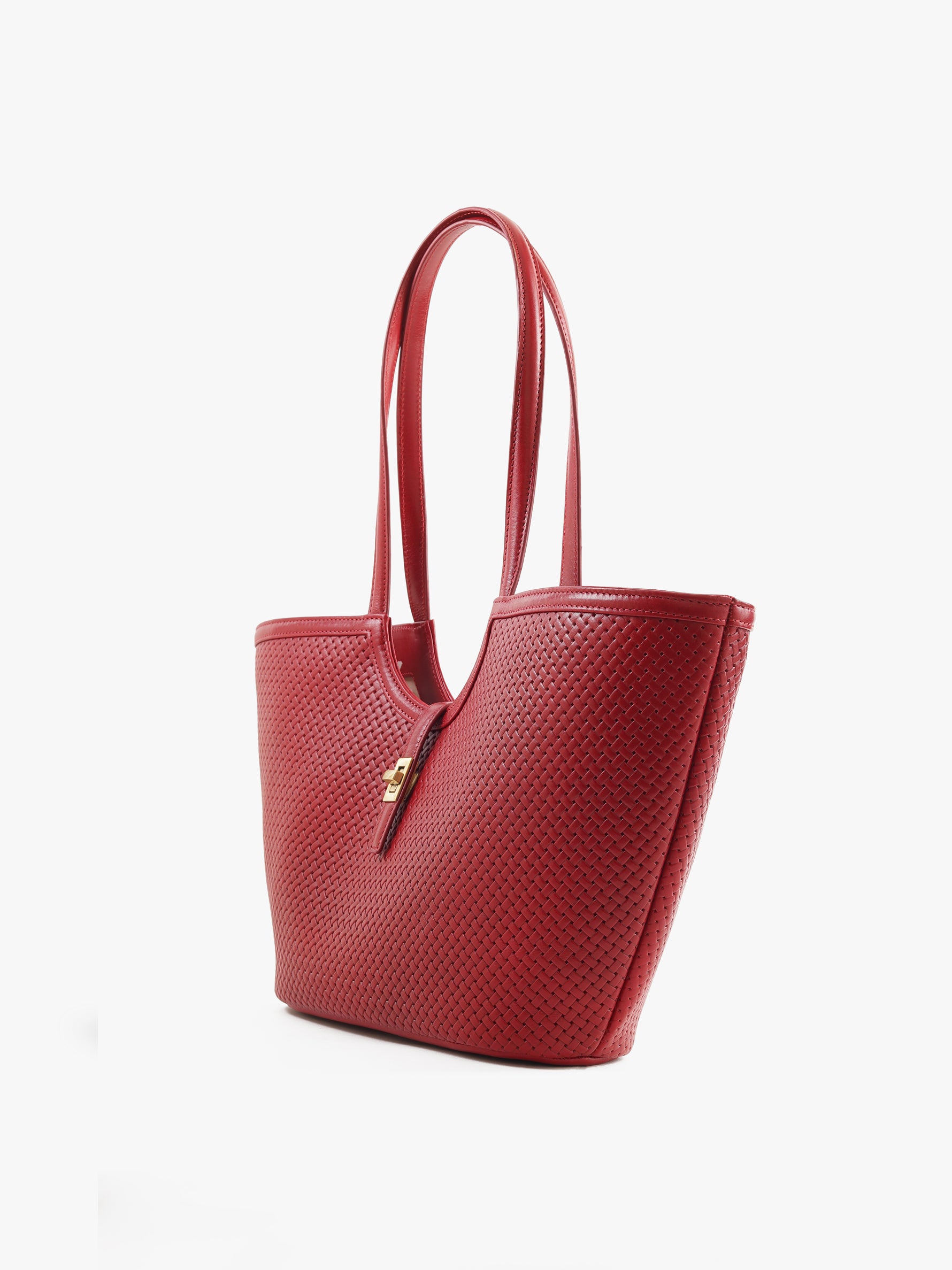 Handcrafted Woven Vegetable Tanned Leather Amalfi Tote Medium Cherry Red for Women Tan & Loom