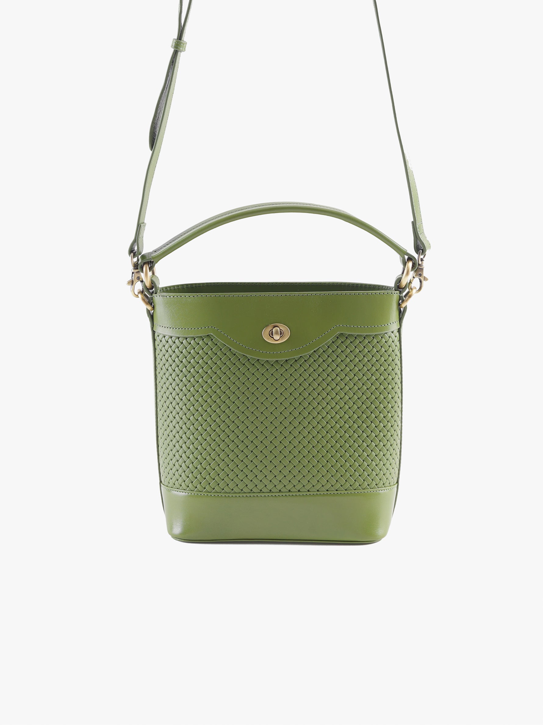 Handcrafted Woven Vegetable Tanned Leather Portobello Bucket Bag Matcha Green for Women Tan & Loom