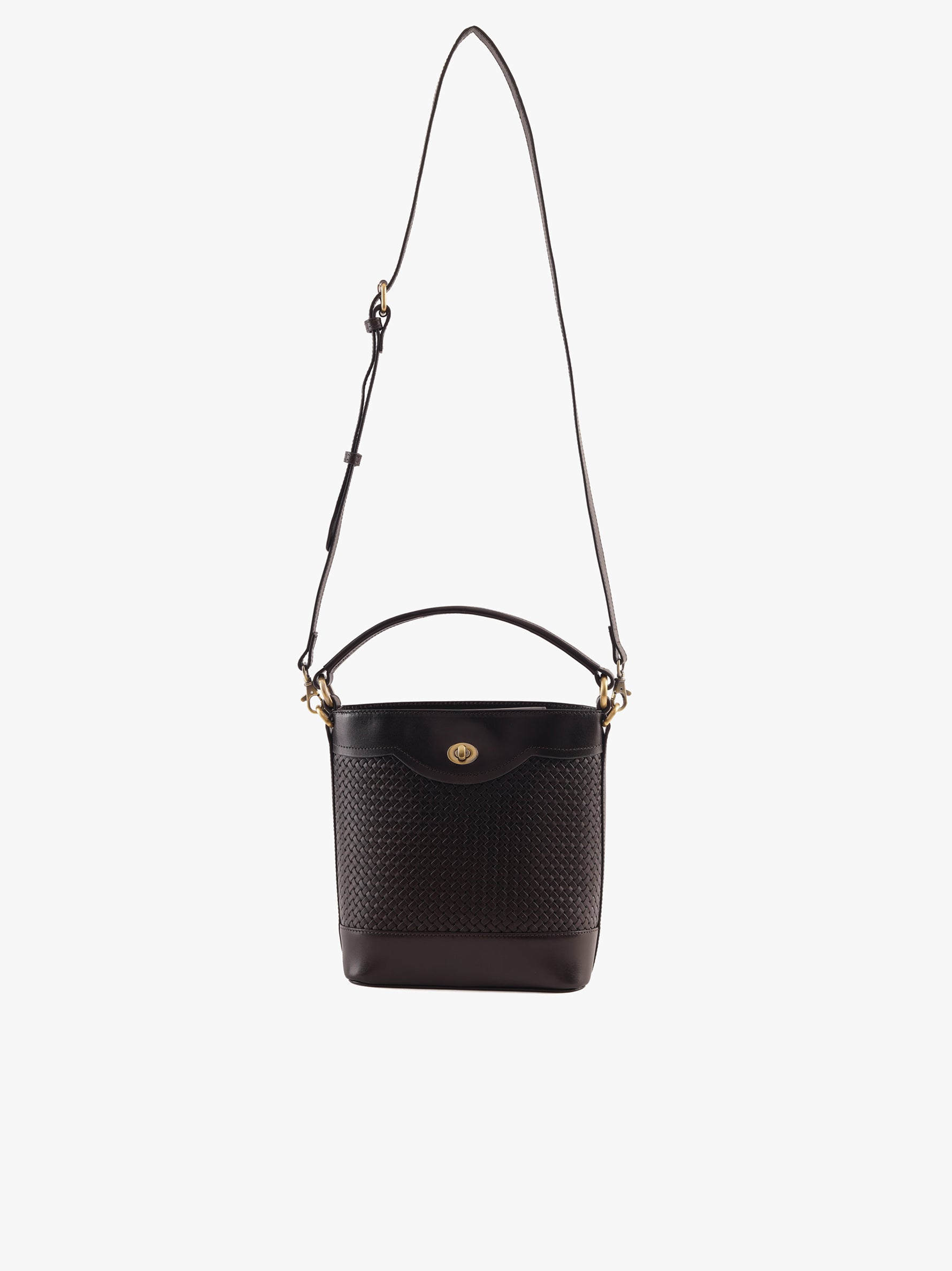 Handcrafted Woven Vegetable Tanned Leather Portobello Bucket Bag Warm Black for Women Tan & Loom