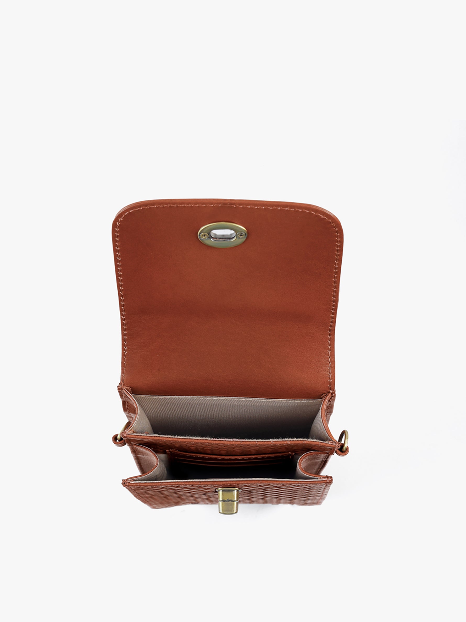 Handcrafted Woven Vegetable Tanned Leather Manhattan Mobile Sling Cognac for Women Tan & Loom