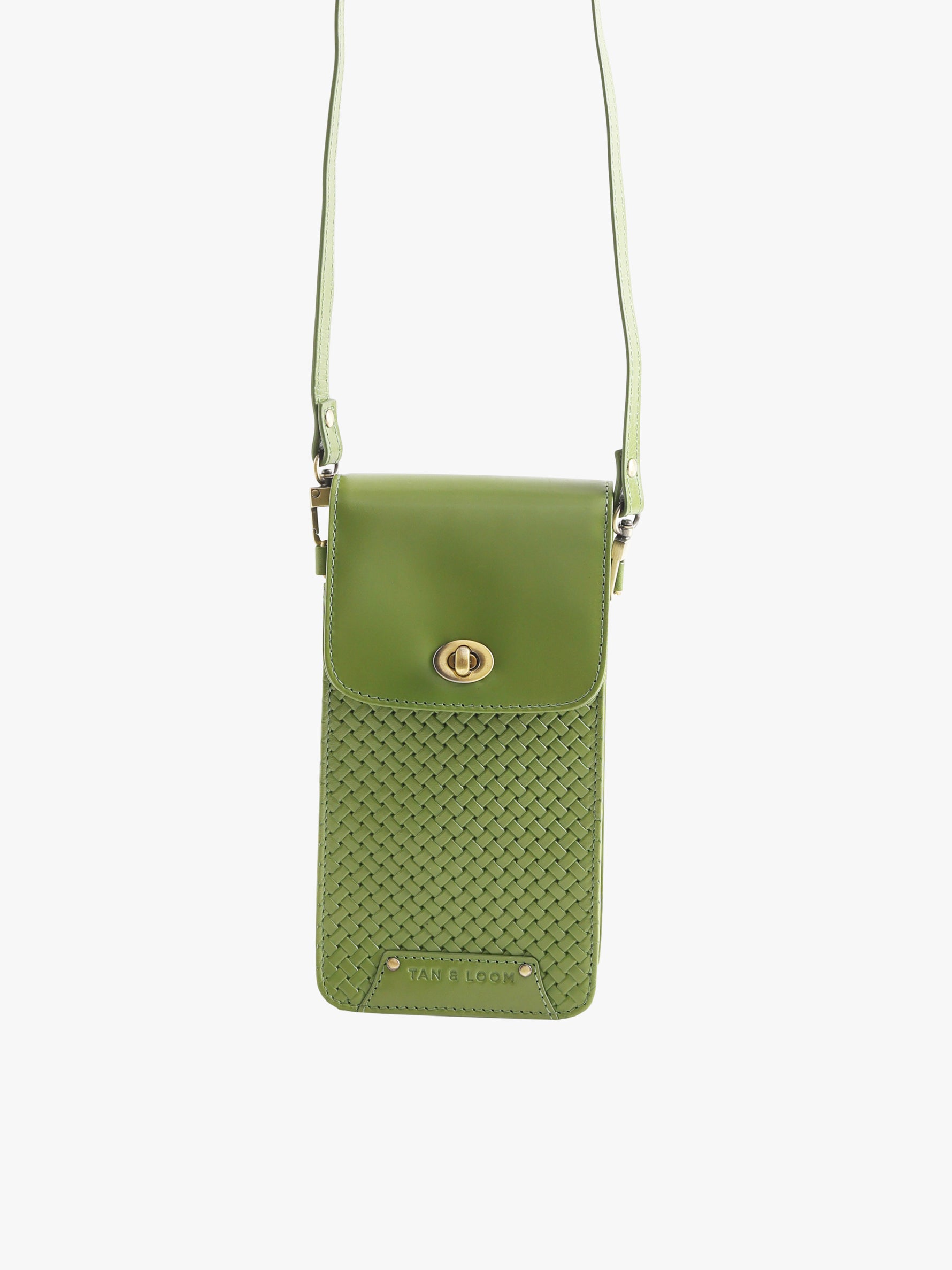 Handcrafted Woven Vegetable Tanned Leather Manhattan Mobile Sling Matcha Green for Women Tan & Loom