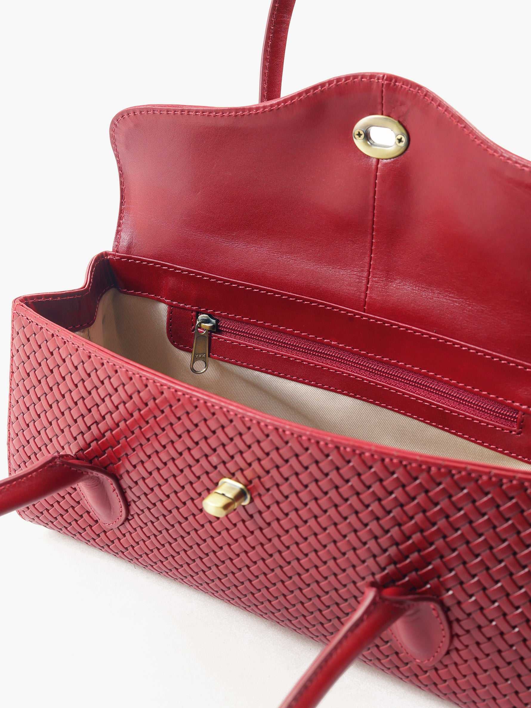 Handcrafted Woven Vegetable Tanned Leather Seville Satchel Medium Cherry Red for Women Tan & Loom
