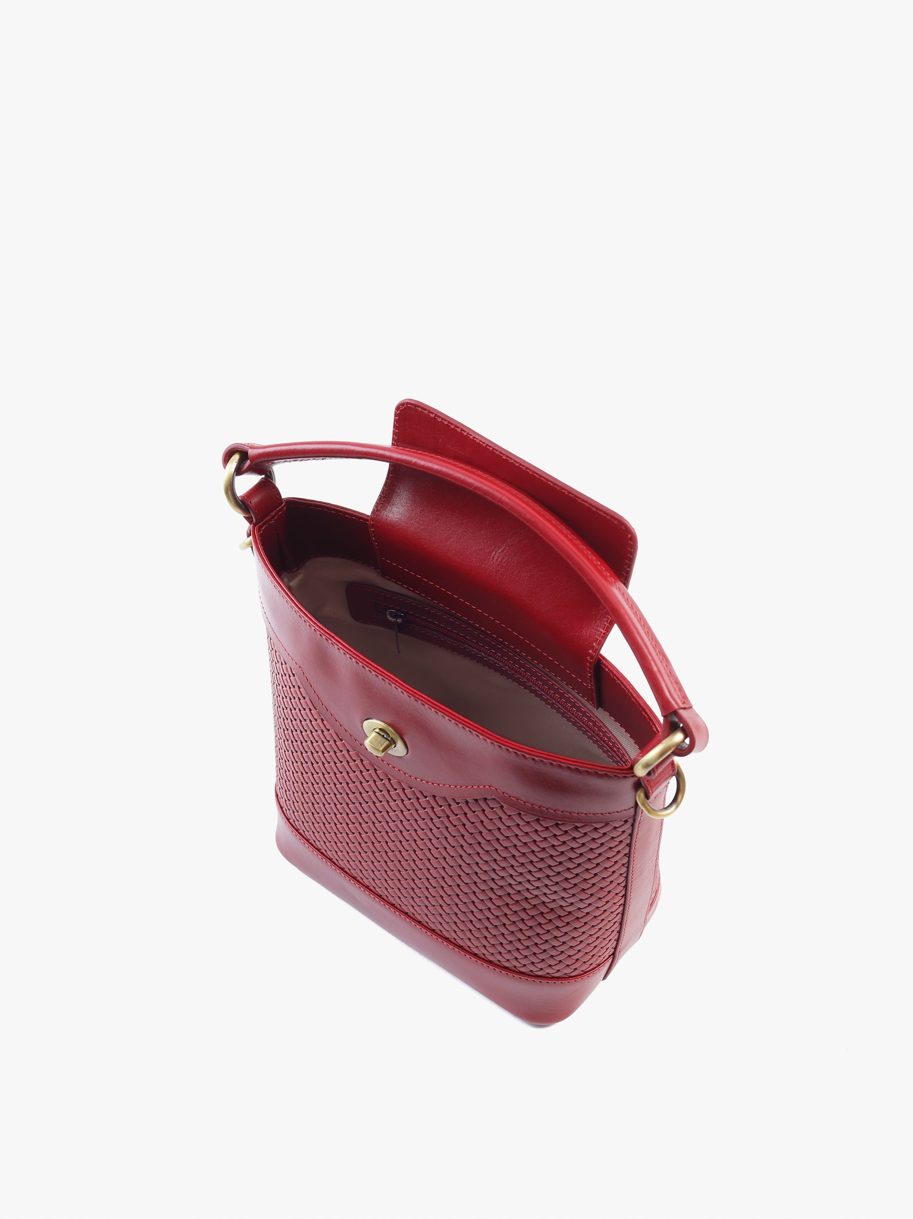 Handcrafted Woven Vegetable Tanned Leather Portobello Bucket Bag Cherry Red for Women Tan & Loom