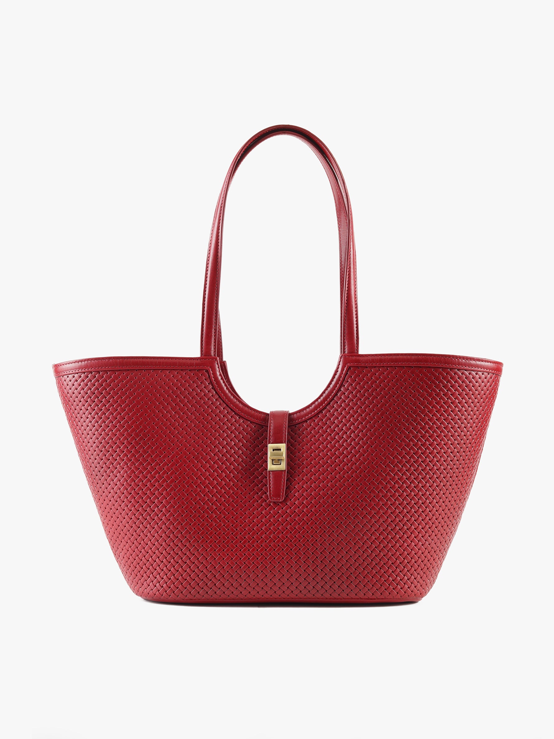 Handcrafted Woven Vegetable Tanned Leather Amalfi Tote Medium Cherry Red for Women Tan & Loom