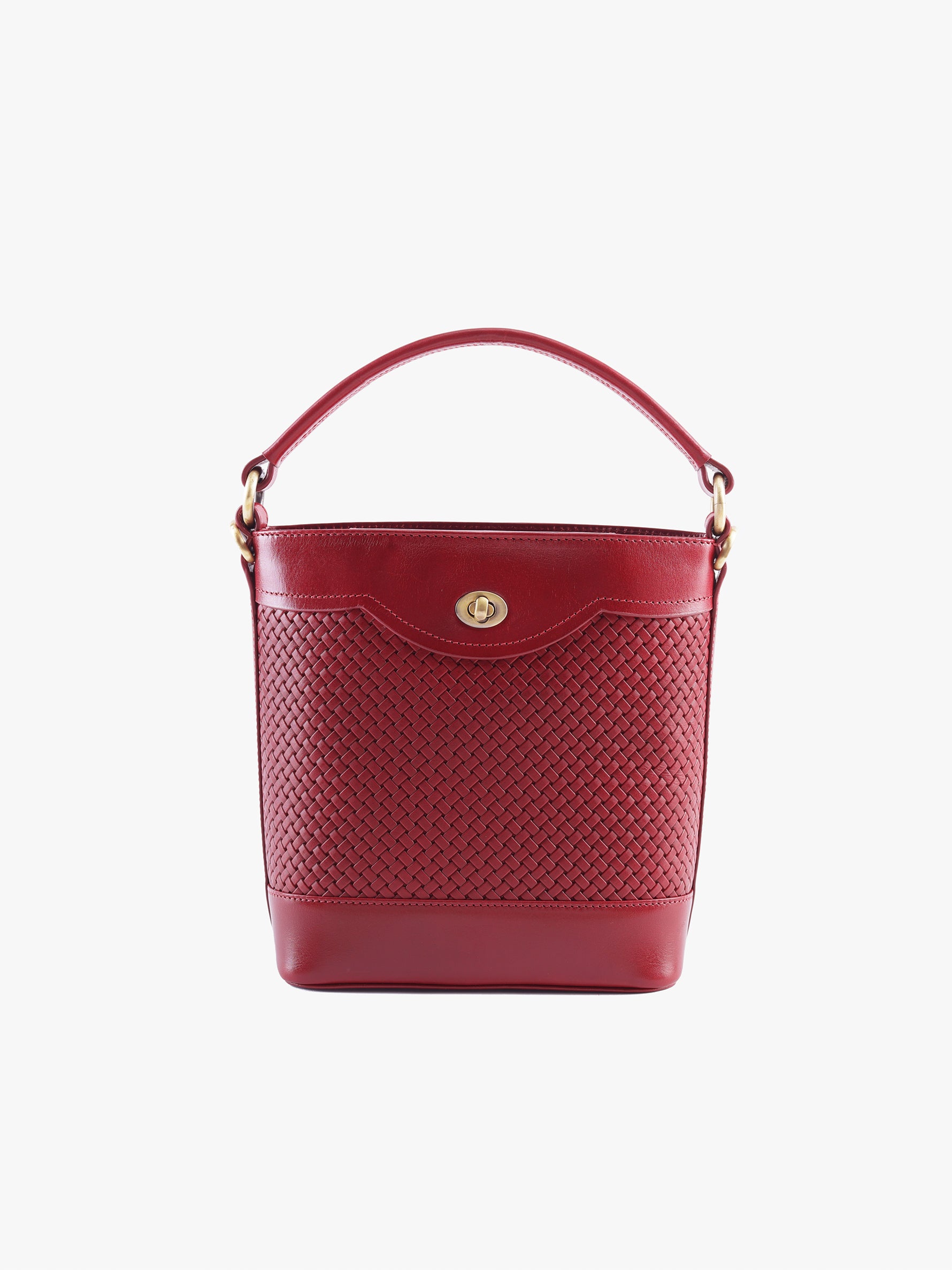 Handcrafted Woven Vegetable Tanned Leather Portobello Bucket Bag Cherry Red for Women Tan & Loom