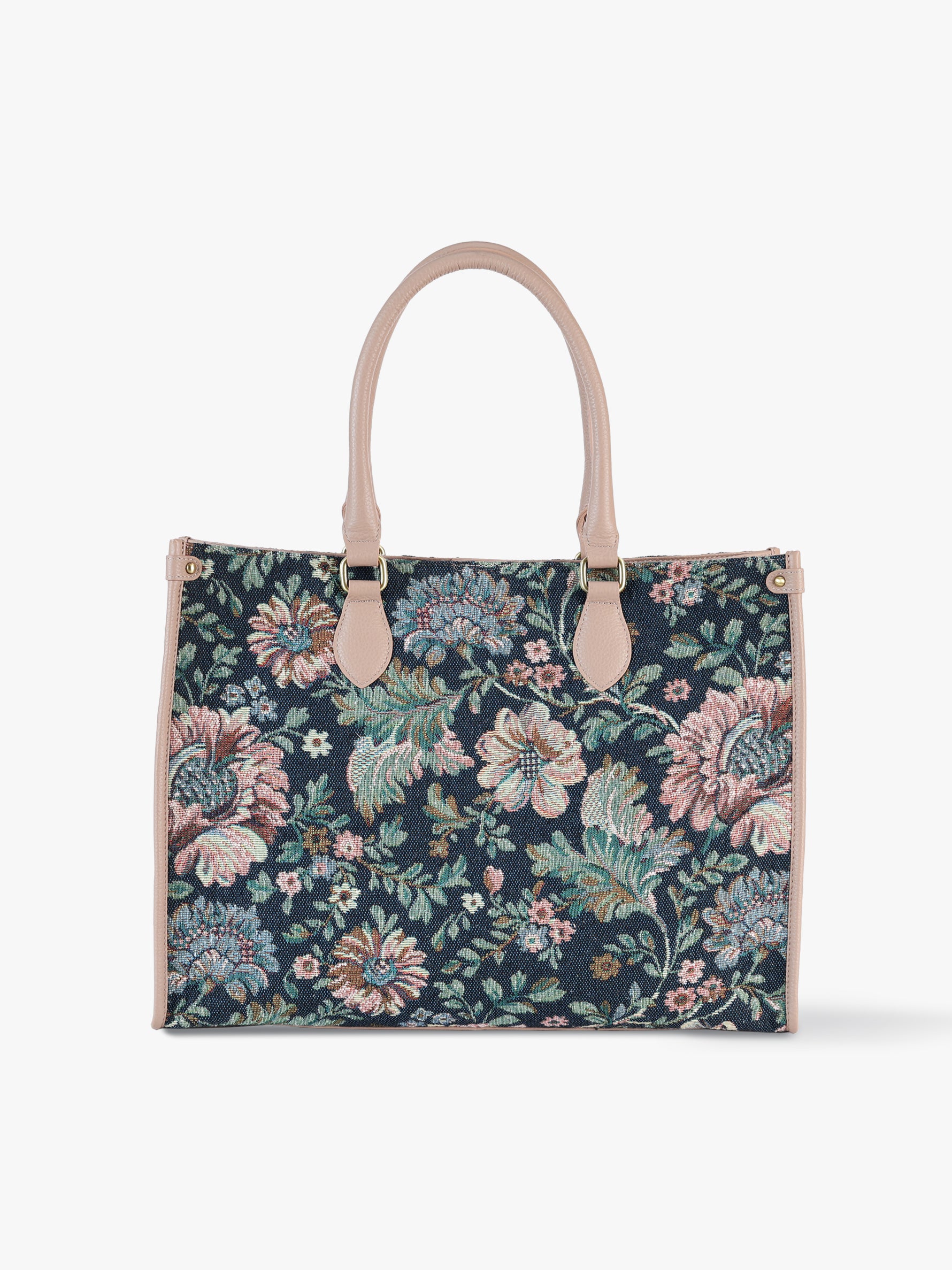Handcrafted genuine leather and vintage floral tote for women in denim blue jacquard and pink leather trim
